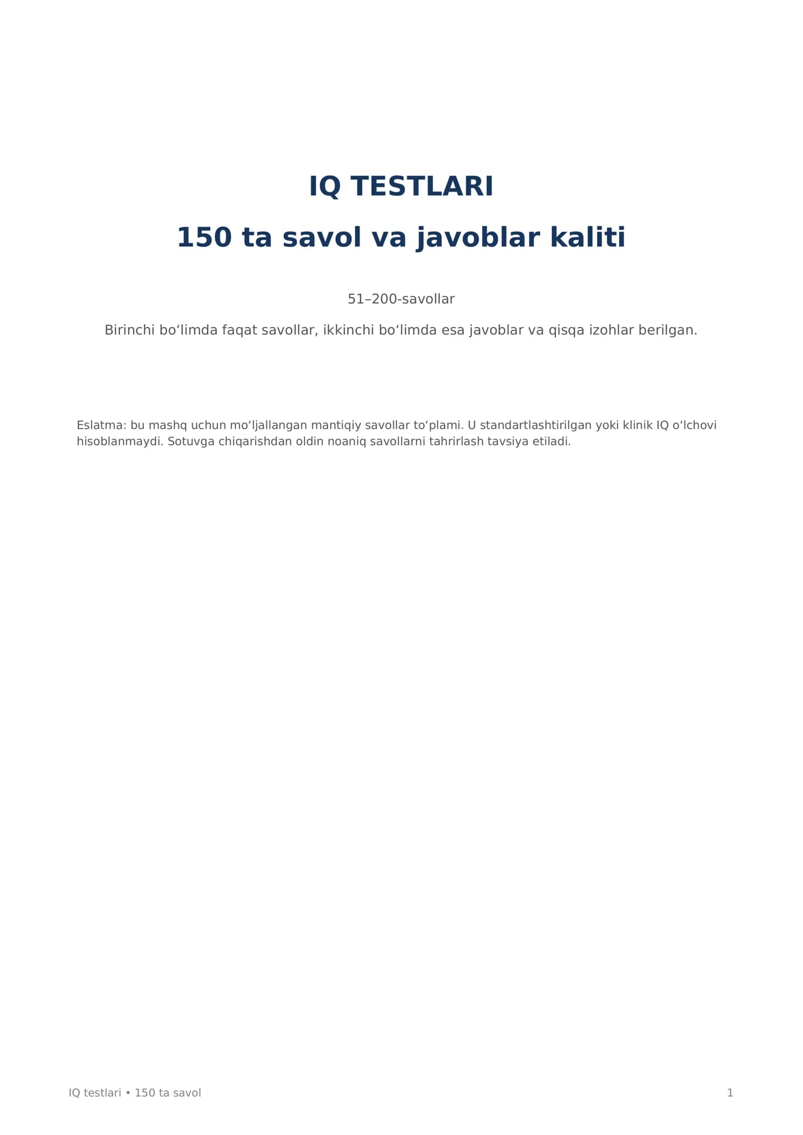 IQ savollari va javoblari 200 talik 1