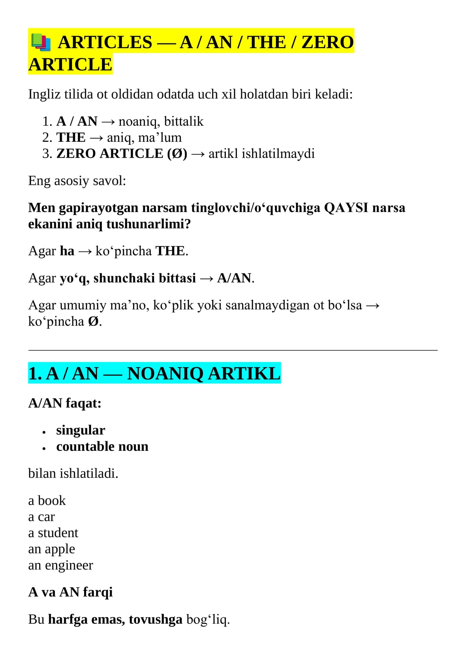ARTICLES — A / AN / THE / ZERO 1