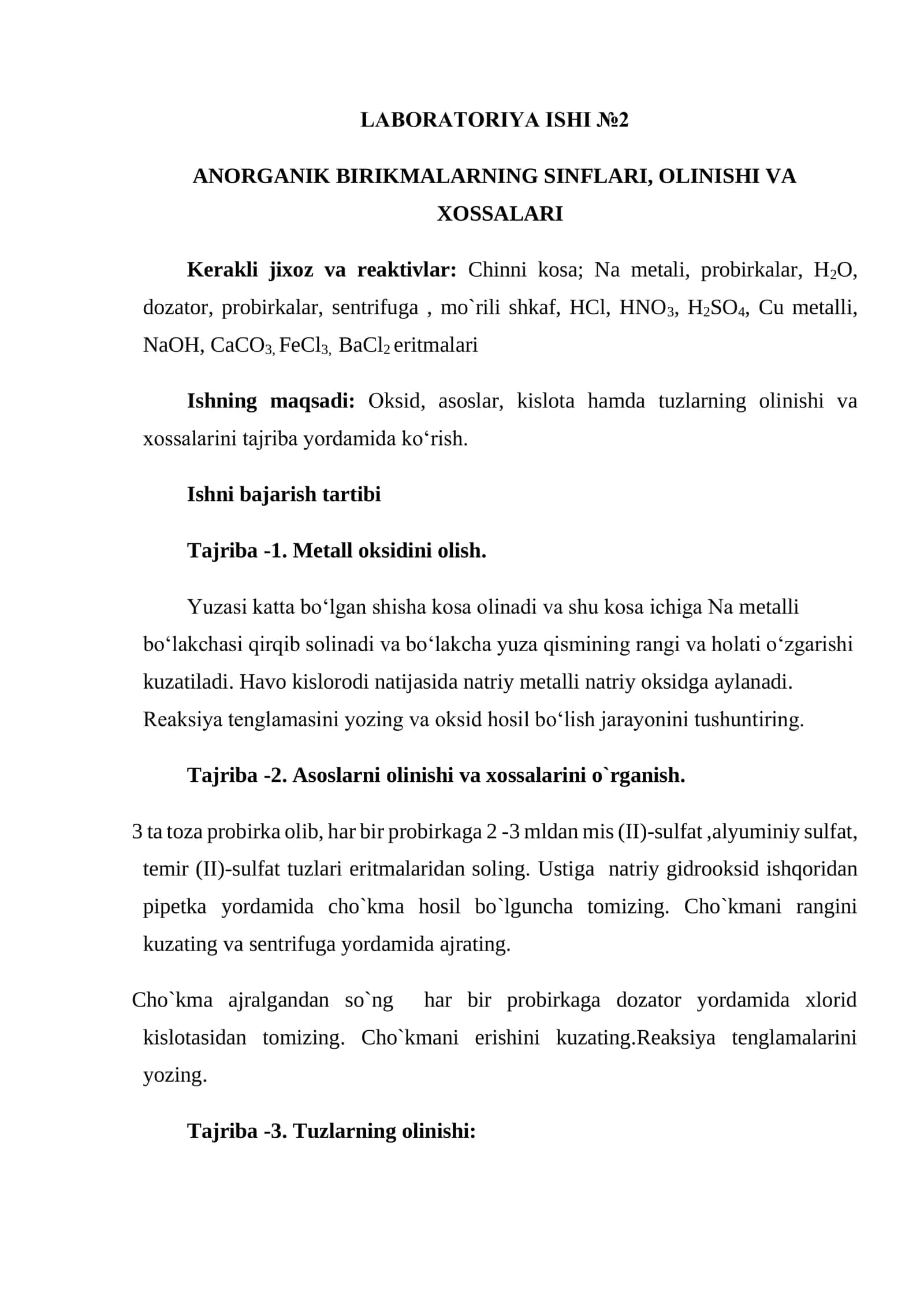 ANORGANIK BIRIKMALARNING SINFLARI, OLINISHI VA XOSSALARI 1