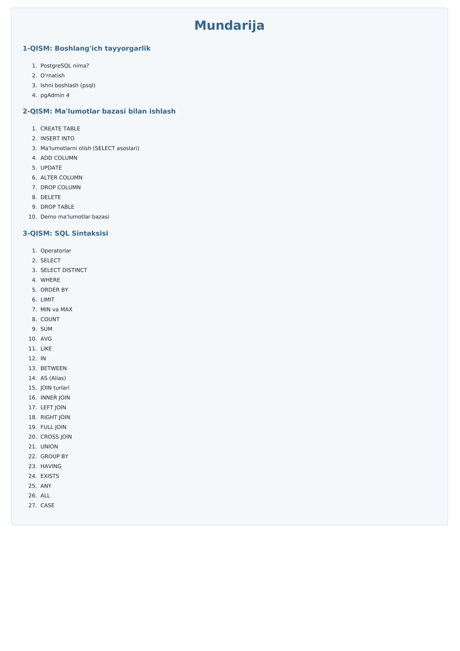 PostgreSQL TO'LIQ VA MUKAMMAL QO'LLANMA 2