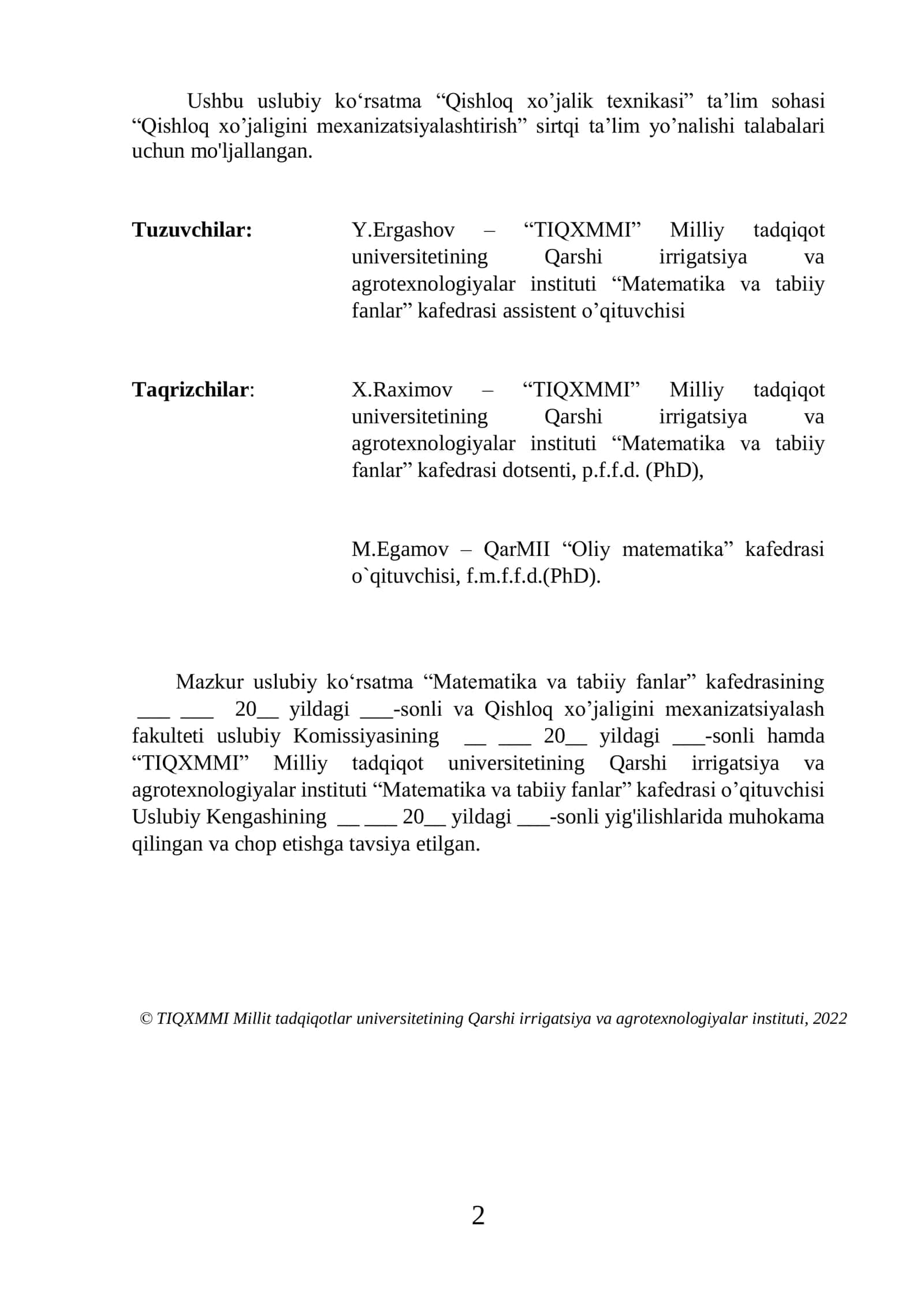 OLIY MATEMATIKA fanidan SIRTQI TA’LIM UCHUN hisob-grafik ishlarni bajarish bo’yicha USLUBIY KO’RSATMA 2