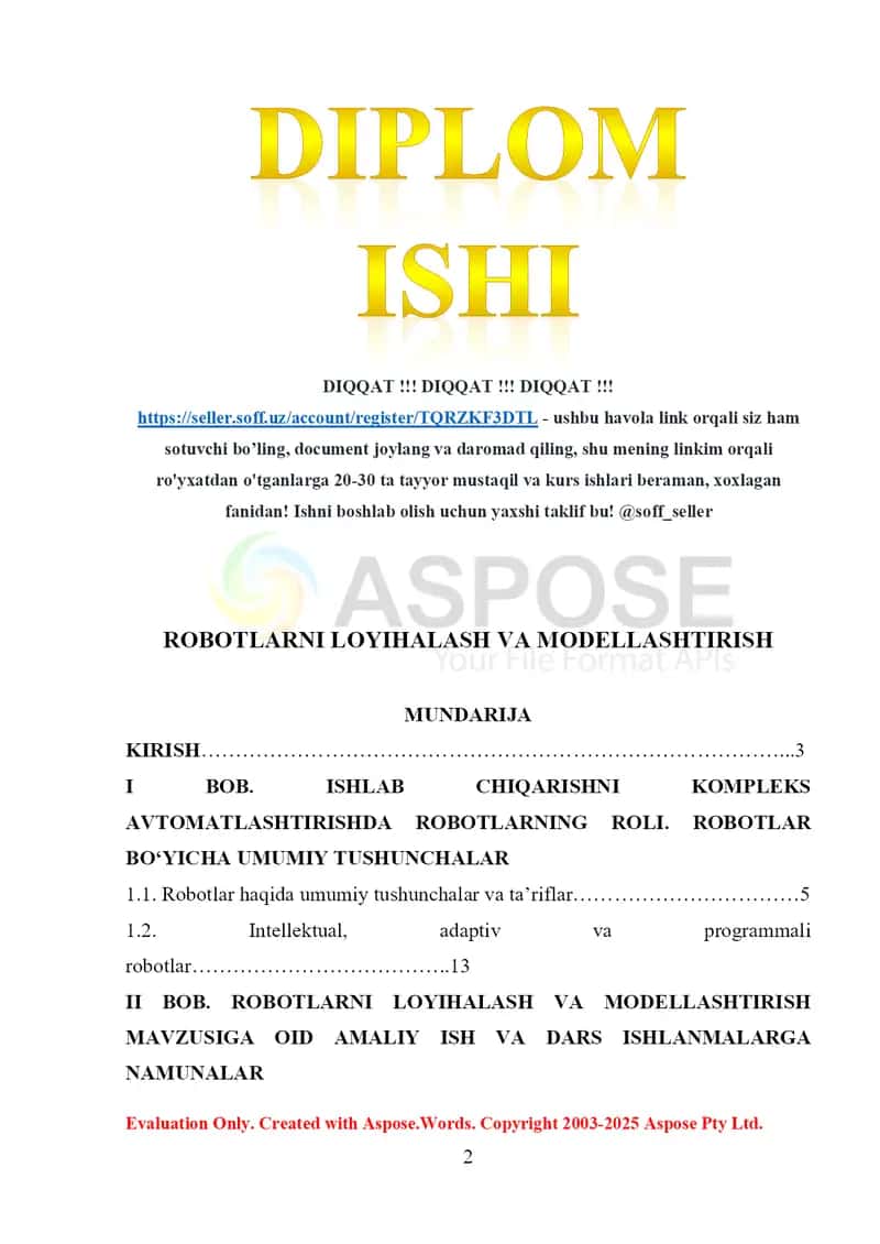 Kurs ishi: Robotlarni loyihalash va modellashtirish 2