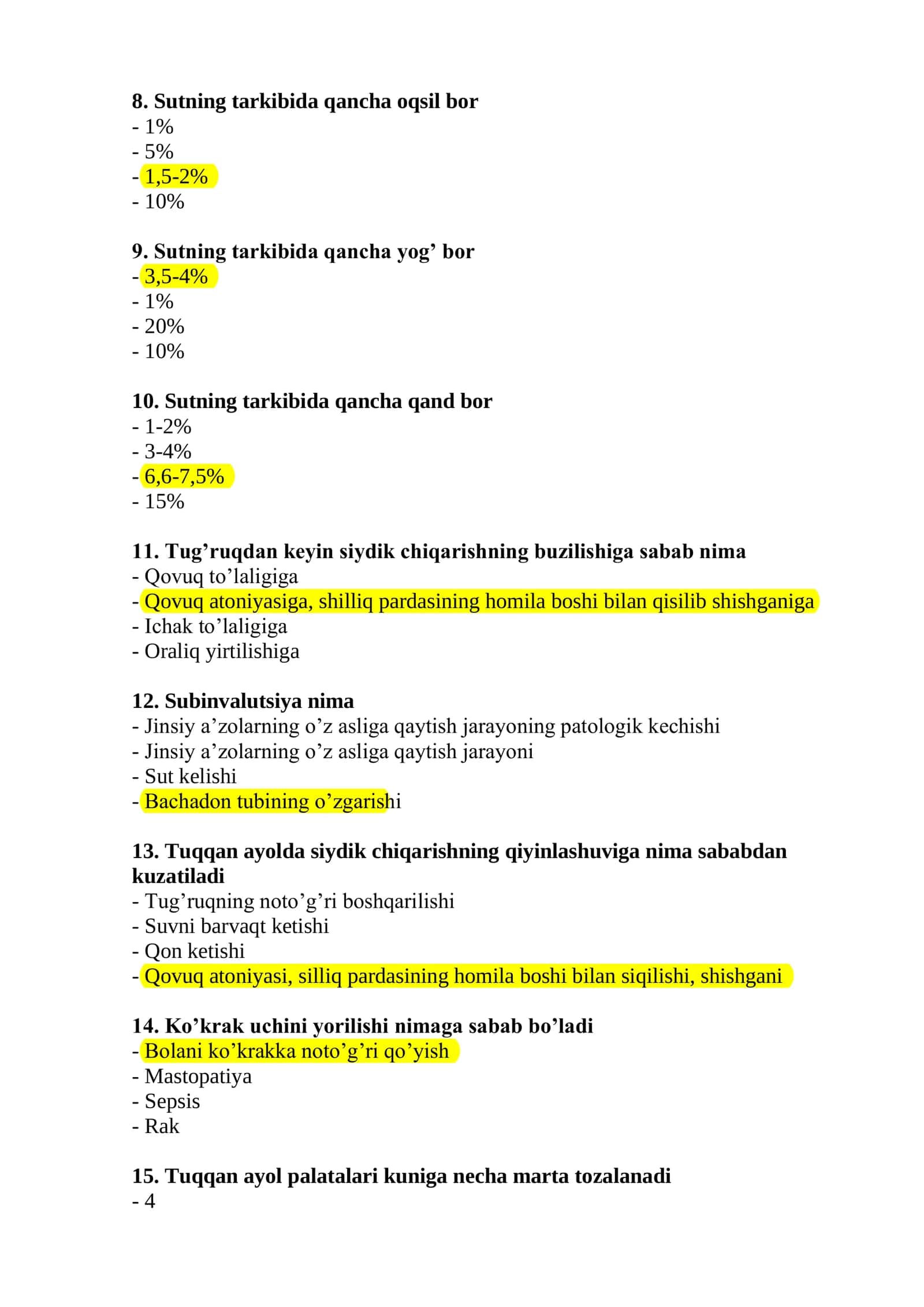 Akusherlik ishi bo'yicha argos test savol javoblari bilan 2