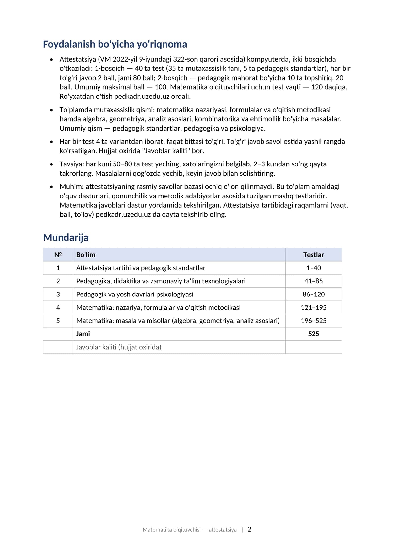 MATEMATIKA O'QITUVCHISI attestatsiyasi uchun test savollari to'plami (2025–2026) 2