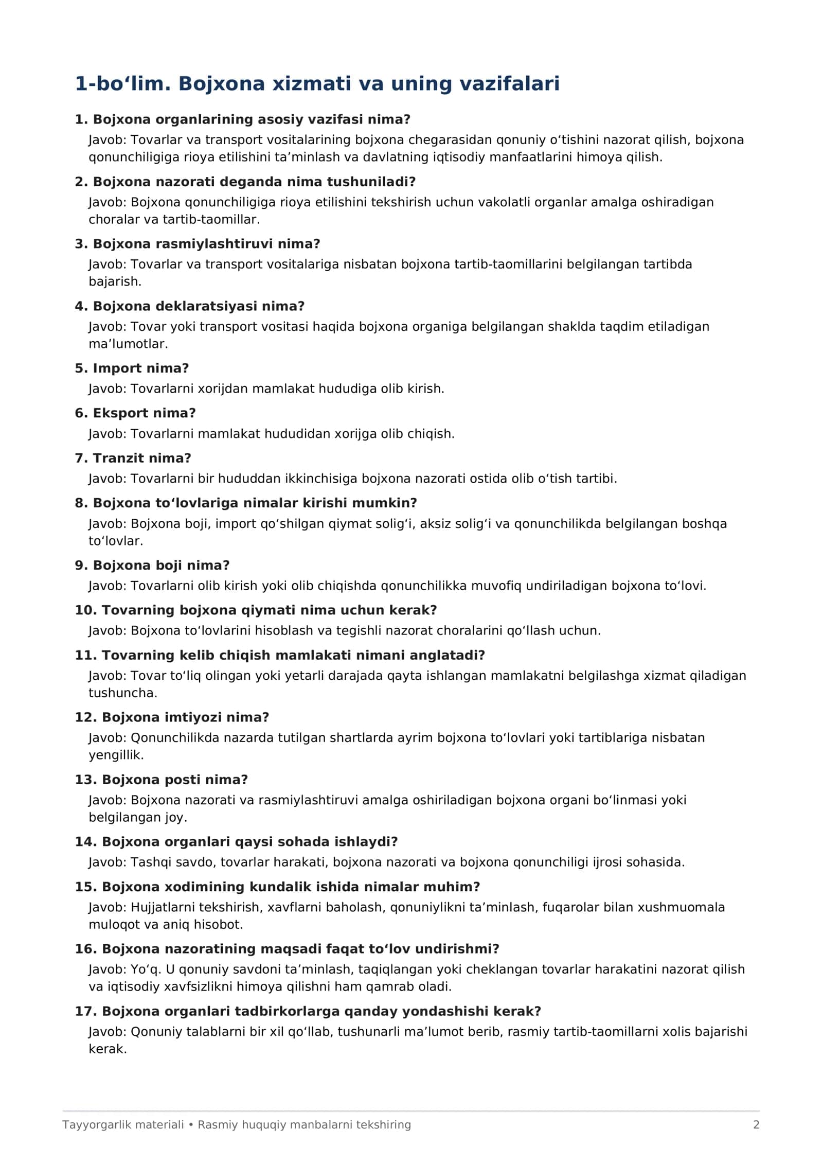 Bojxona qo‘mitasiga ishga kirish uchun 200 ta savol-javob — PDF 2