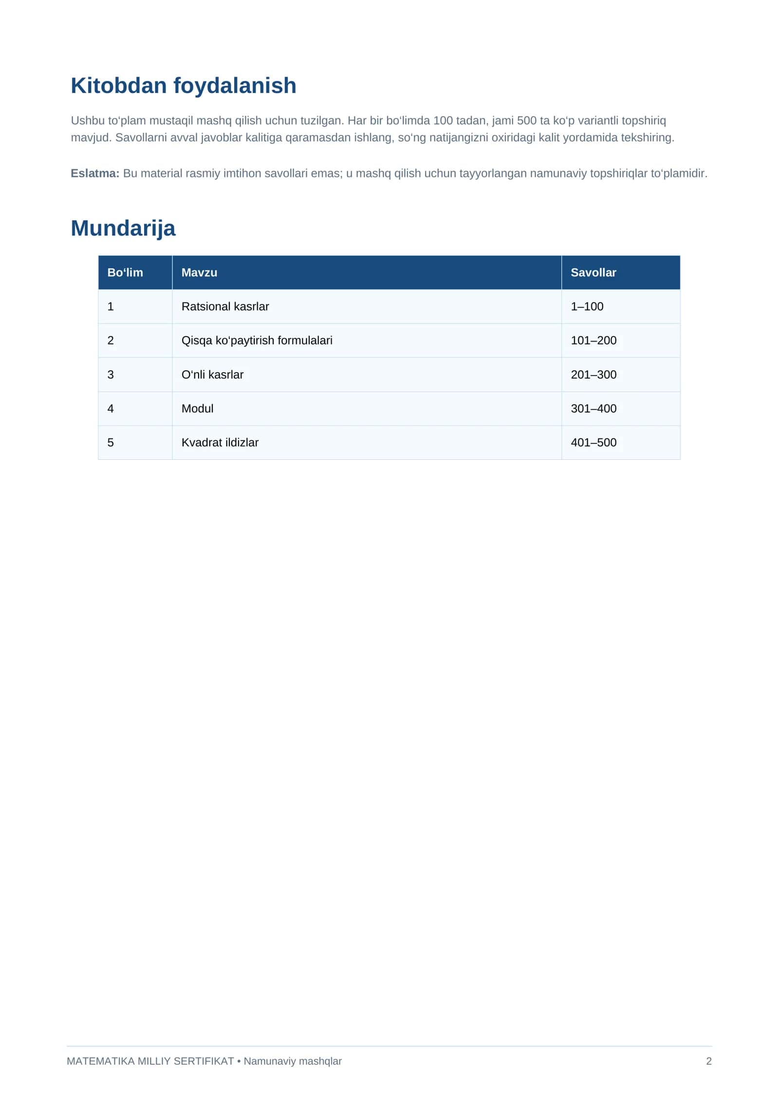 MATEMATIKA MILLIY SERTIFIKAT 2