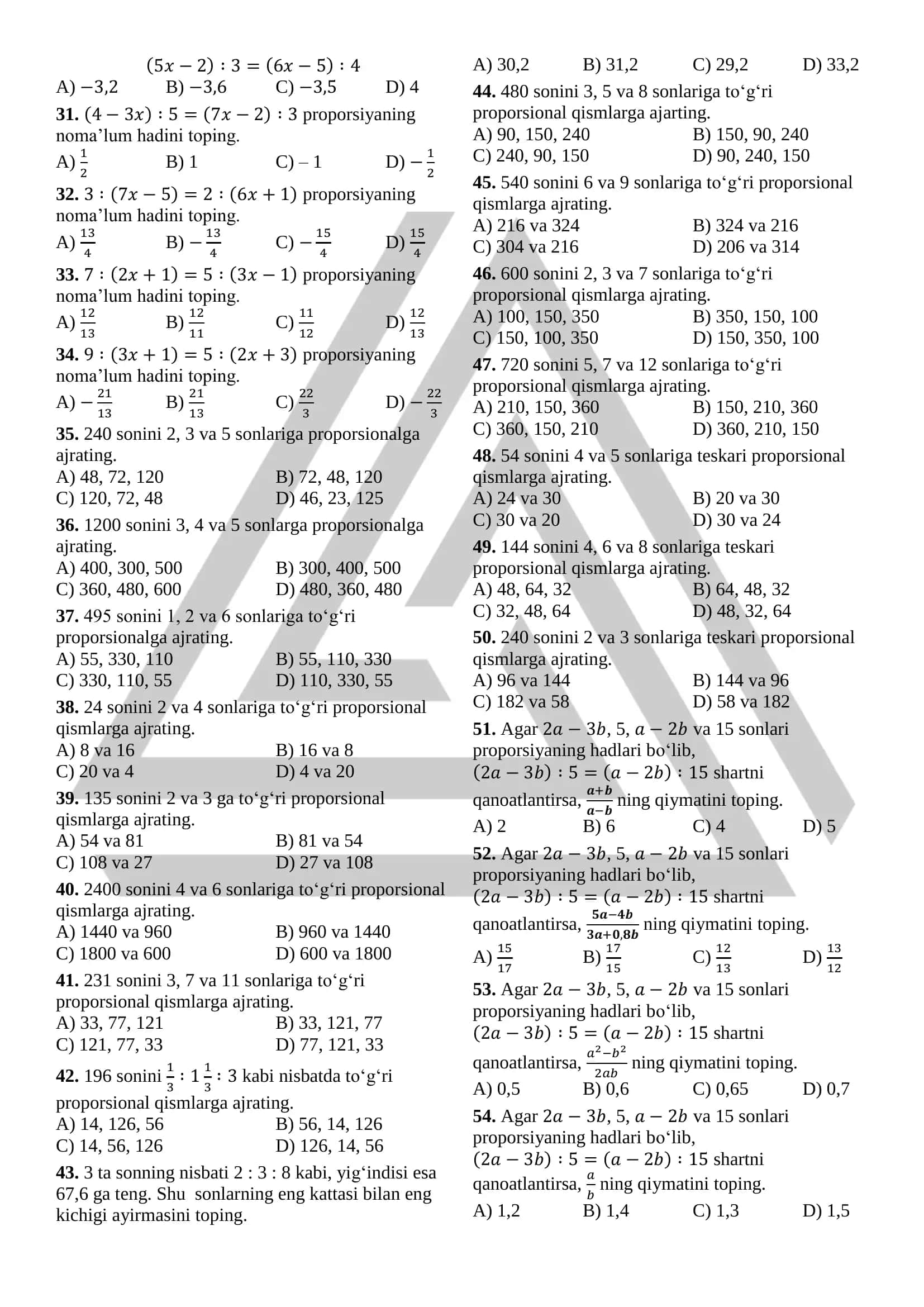 Proporsiyamavzusidan 100 talik test (javoblari bilan) 2