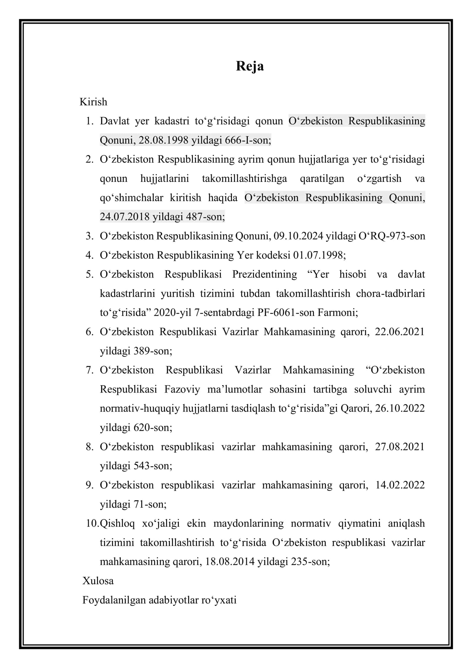Yer kadastrini yaratish va yuritishda qo‘llaniladigan normativ-huquqiy hujjatlar bilan tanishish 2