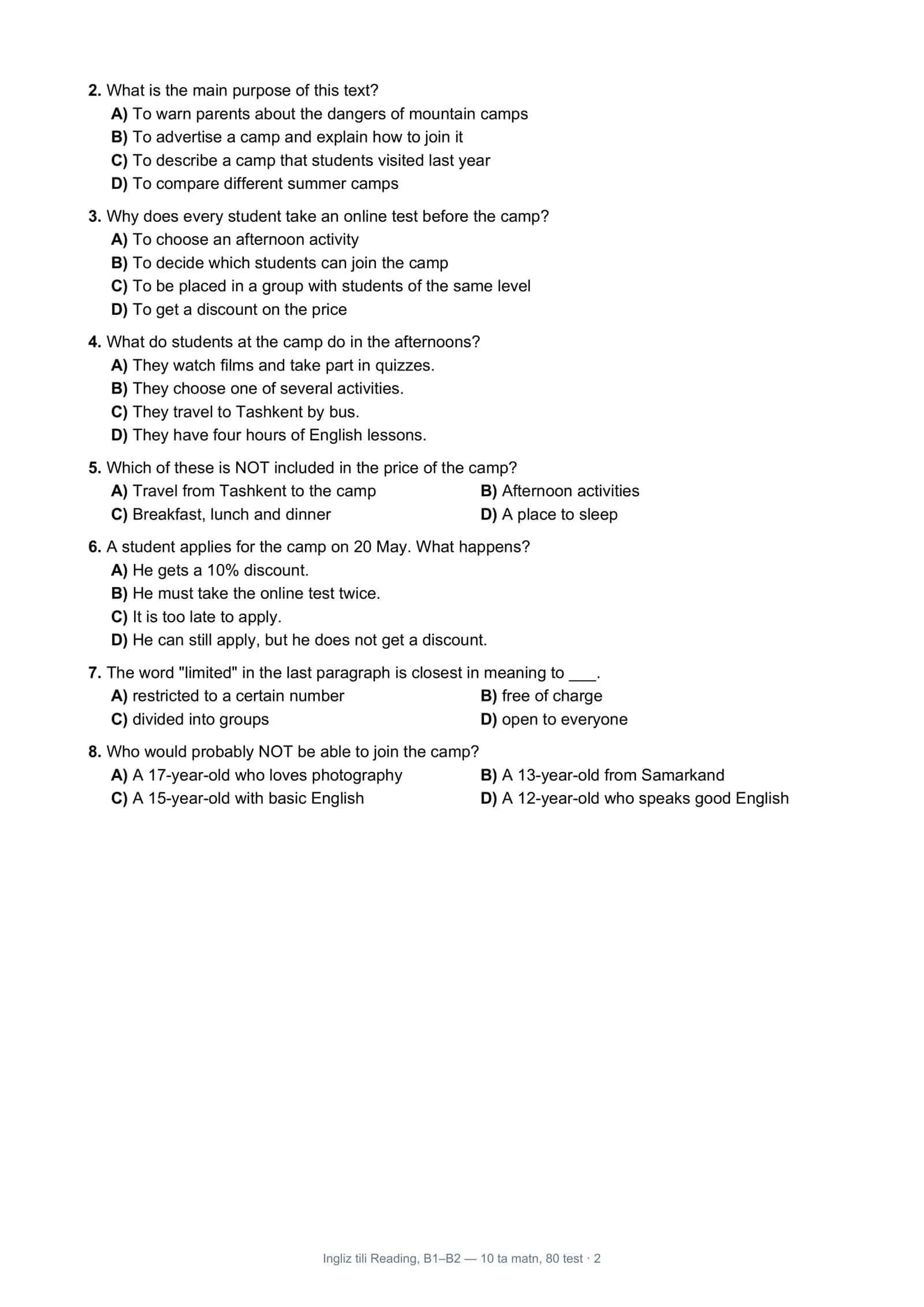 Ingliz tili Reading, B1–B2 2