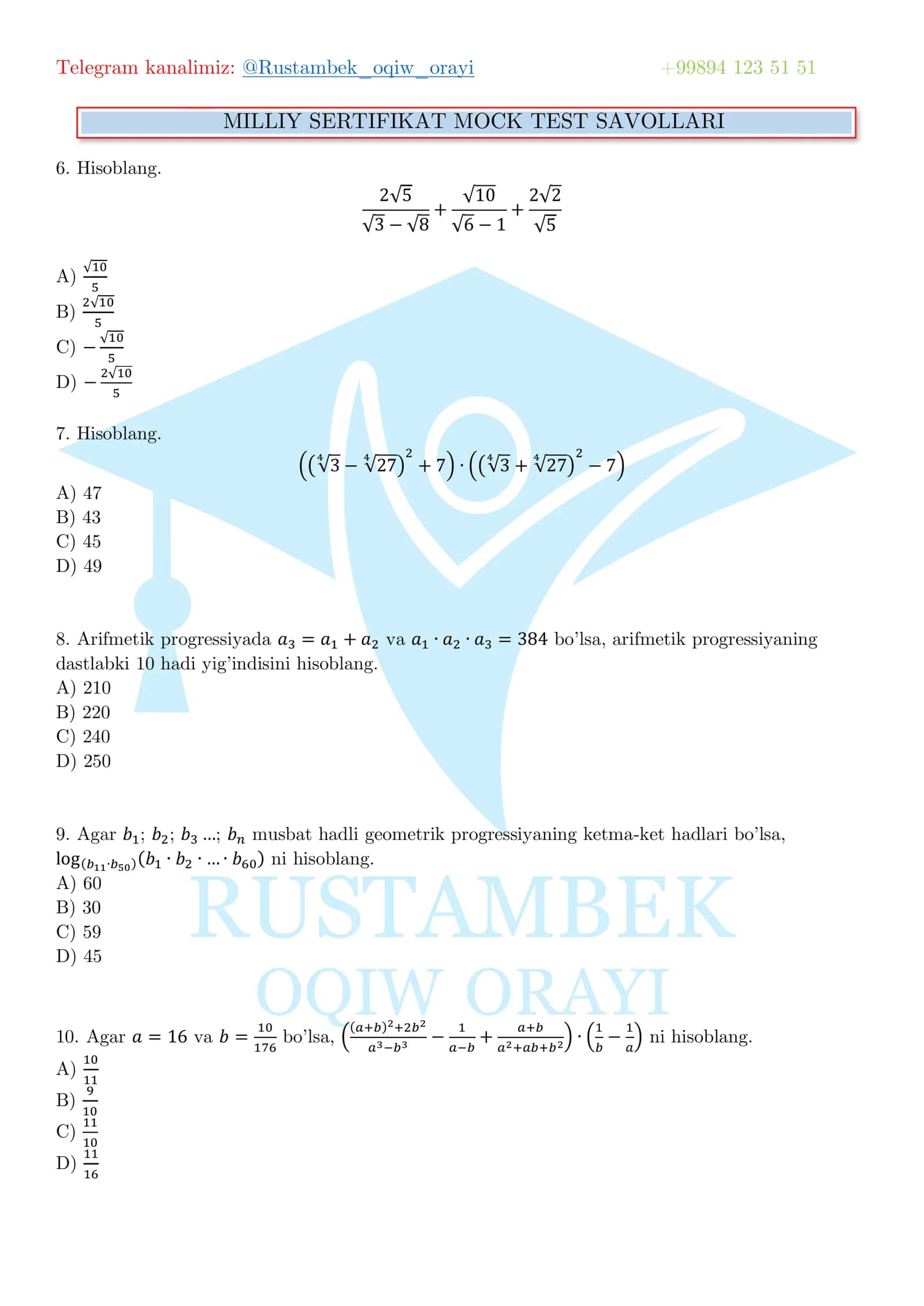MILLIY SERTIFIKAT MOCK TEST SAVOLLARI 2