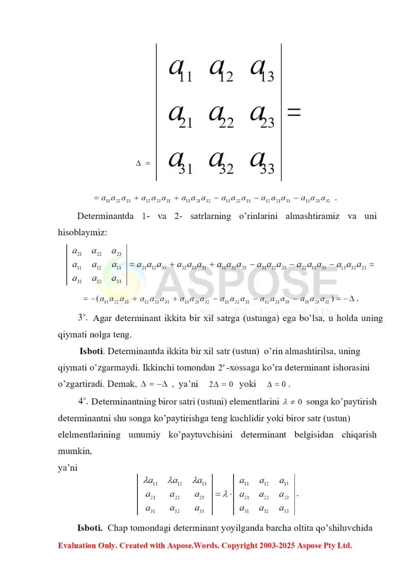 Determinantning xossalari 2