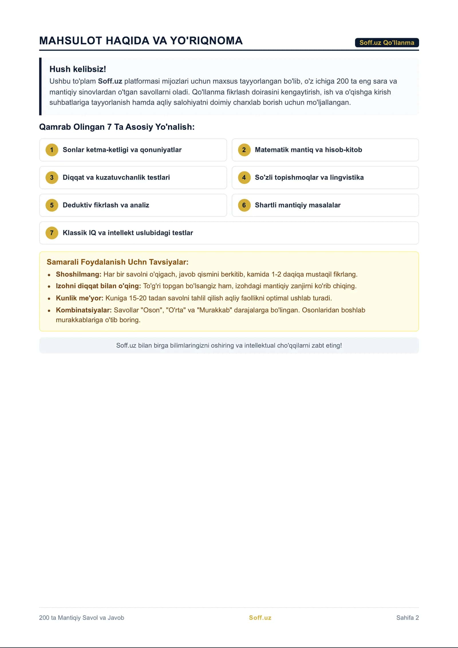 Mantiqiy savollar — 200+ test va javoblar (PDF) 2