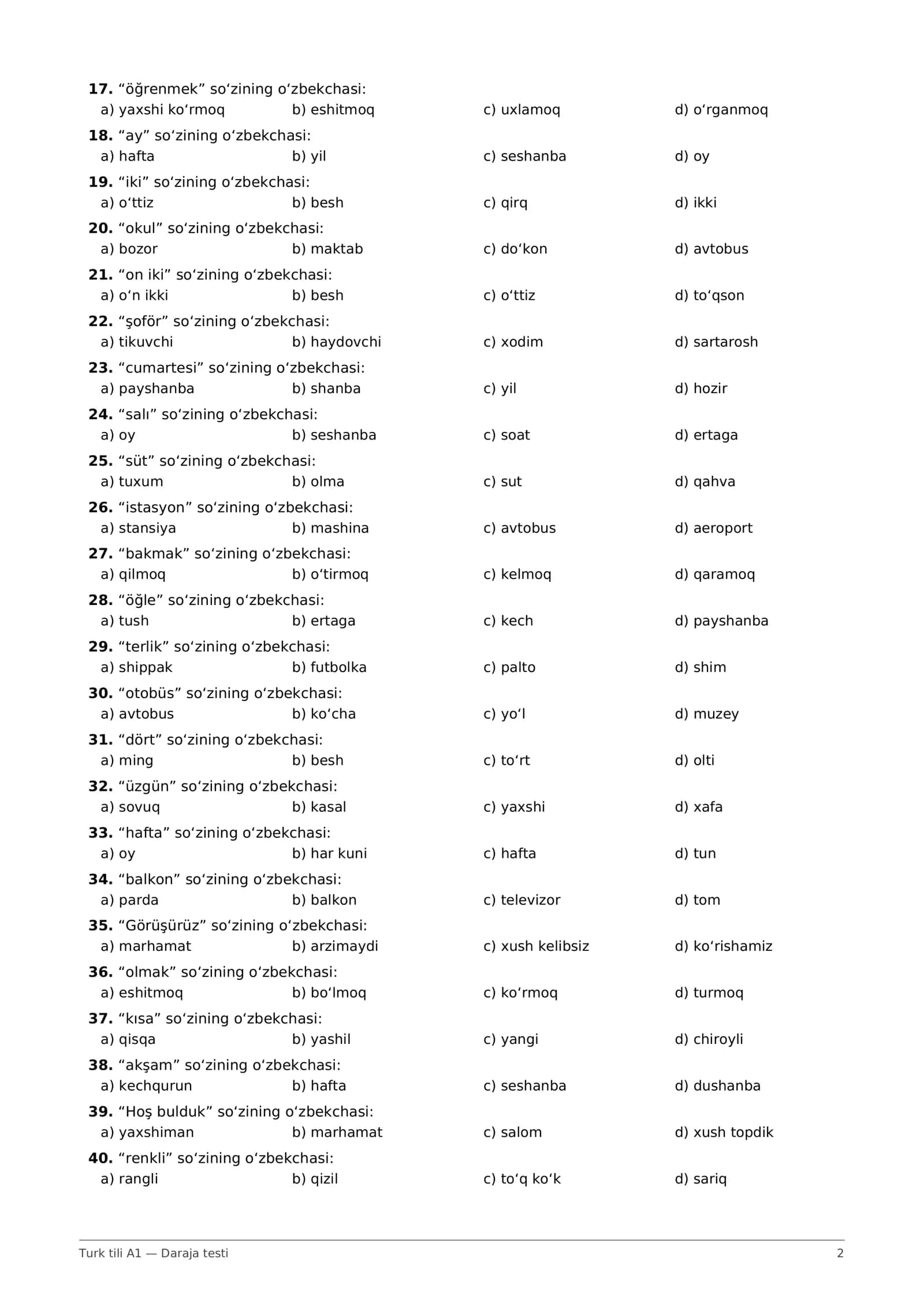 Turk tili A1 test: 500 savol + javoblar kaliti (PDF) 2