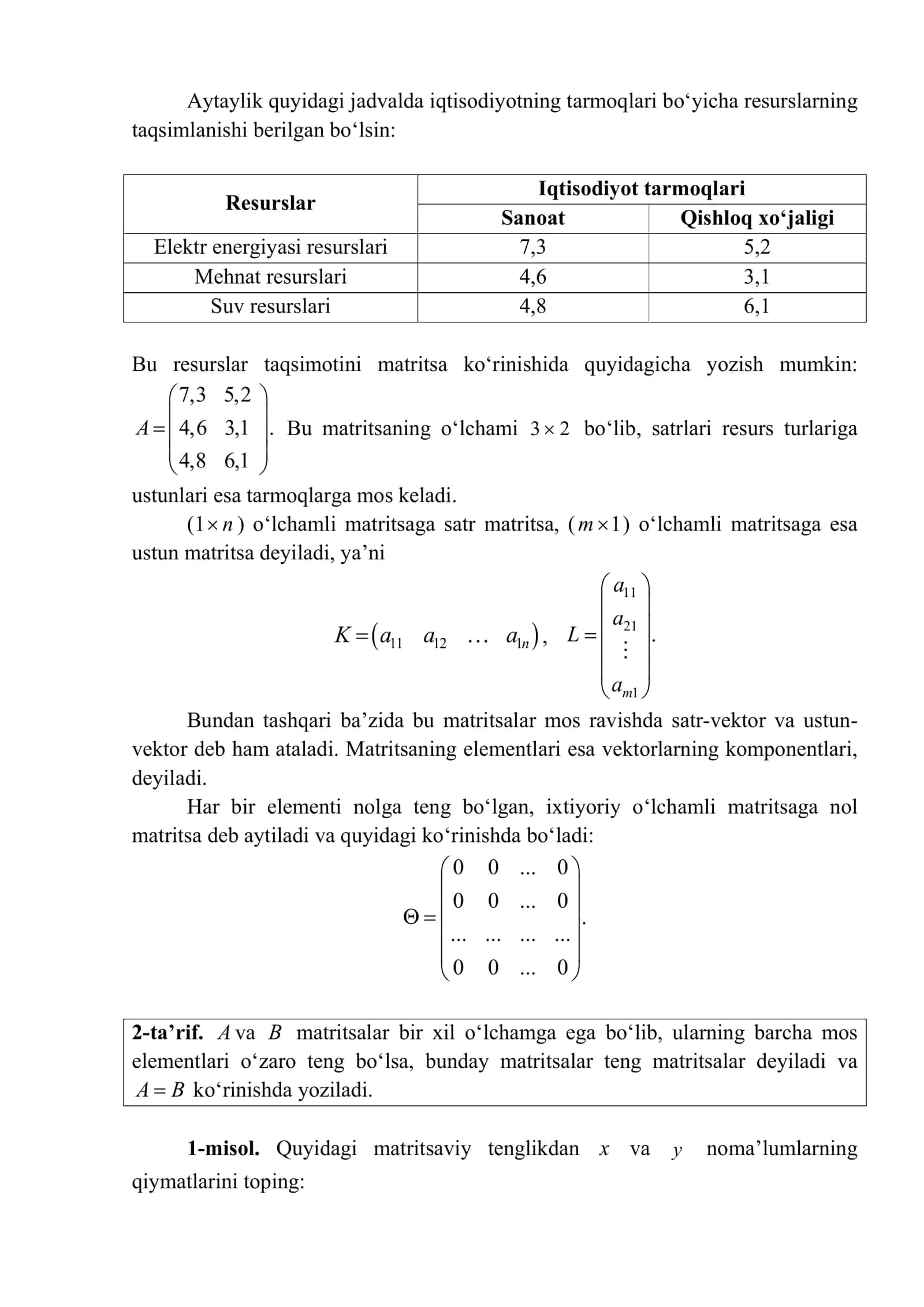 Matritsalar va ular ustida amallar 2