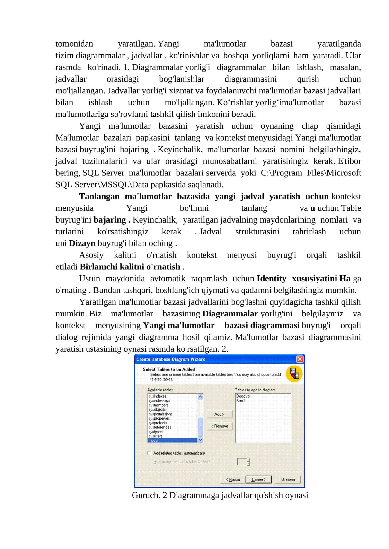 MS SQL Server ma'lumotlar bazasi bilan ishlash 2