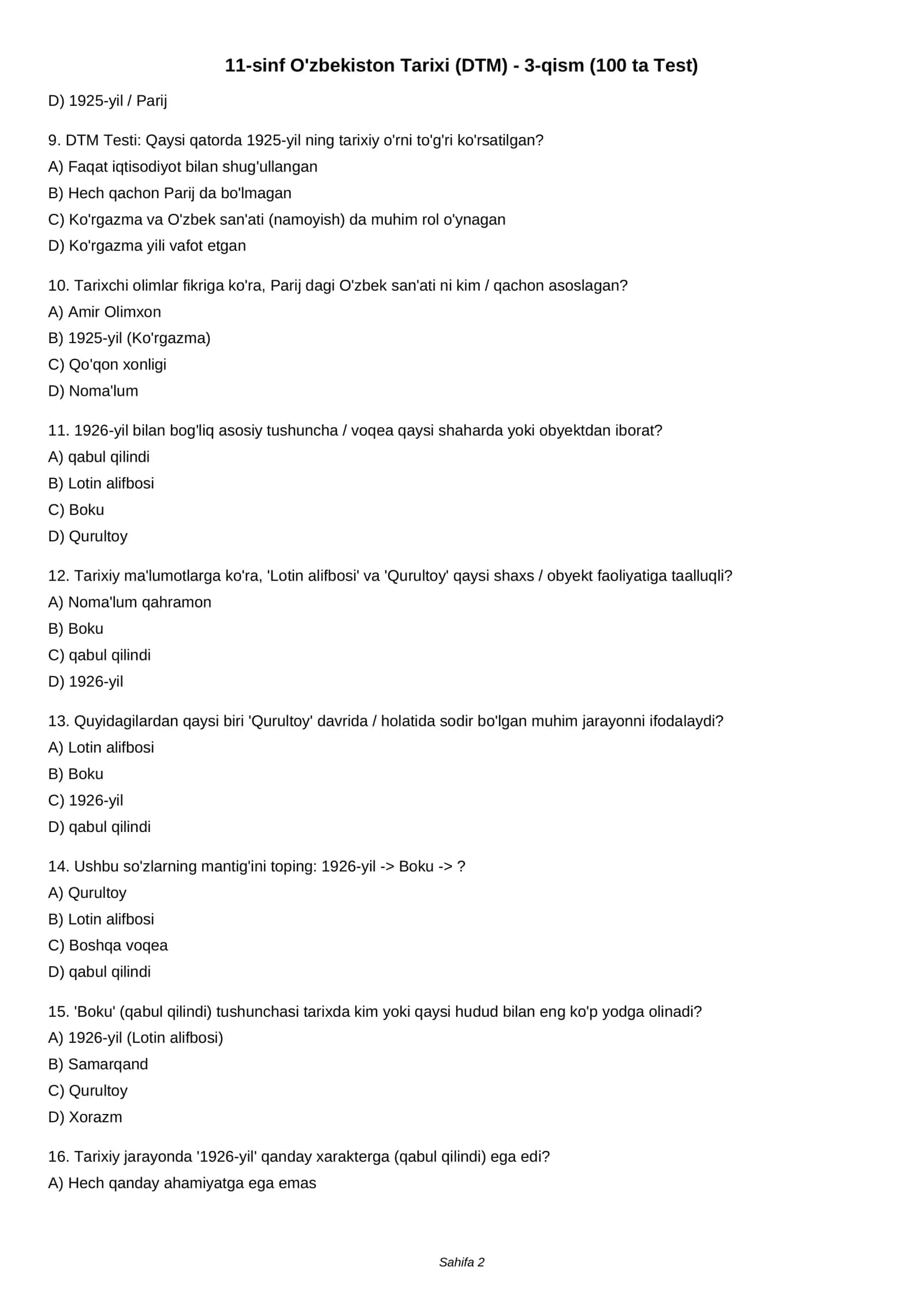11-sinf O'zbekiston Tarixi (DTM) - 3-qism (100 ta Test) 2