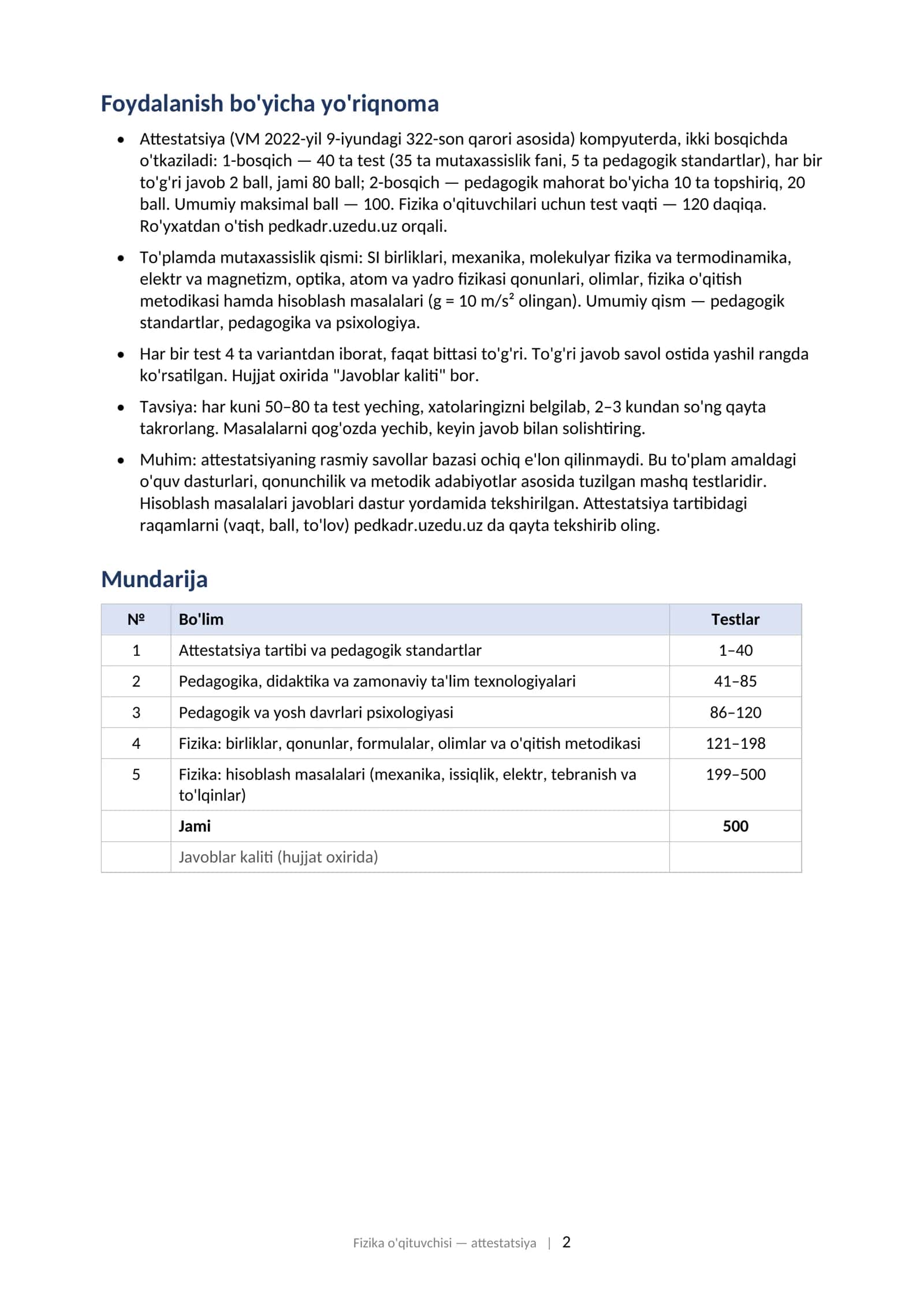 FIZIKA O'QITUVCHISI attestatsiyasi uchun test savollari to'plami (2025–2026) 2