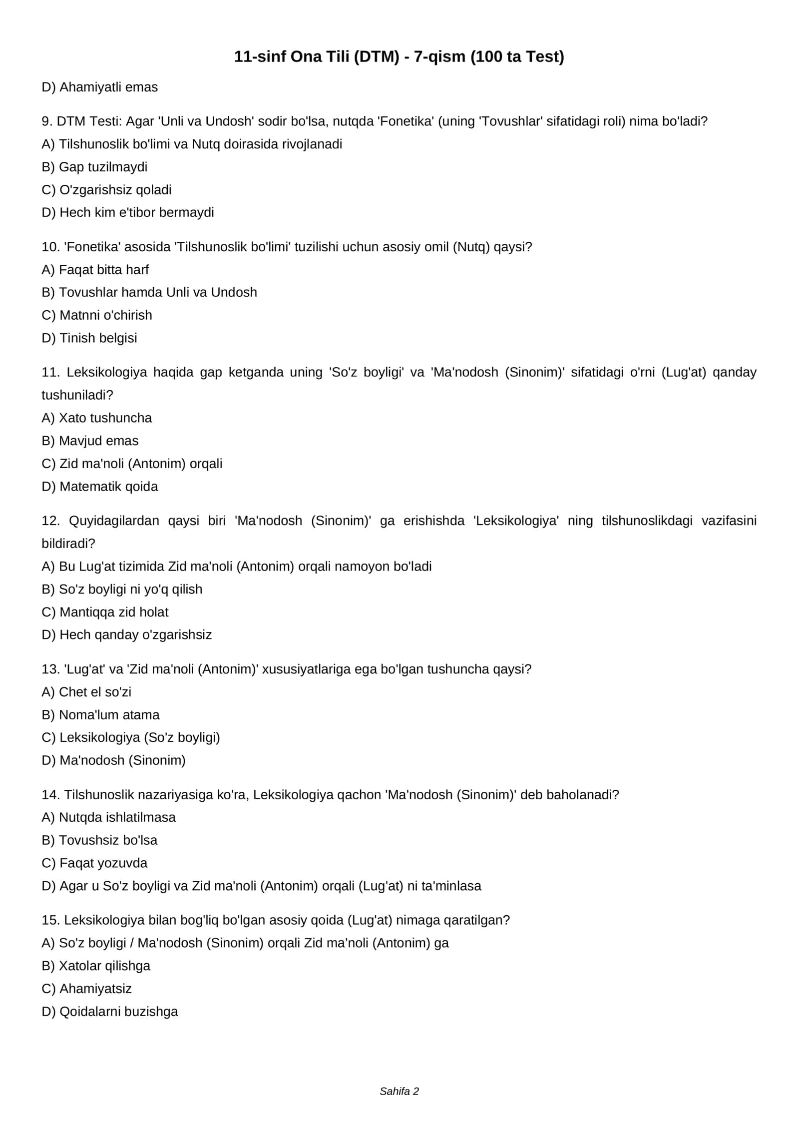 11-sinf Ona Tili (DTM) - 7-qism (100 ta Test) 2