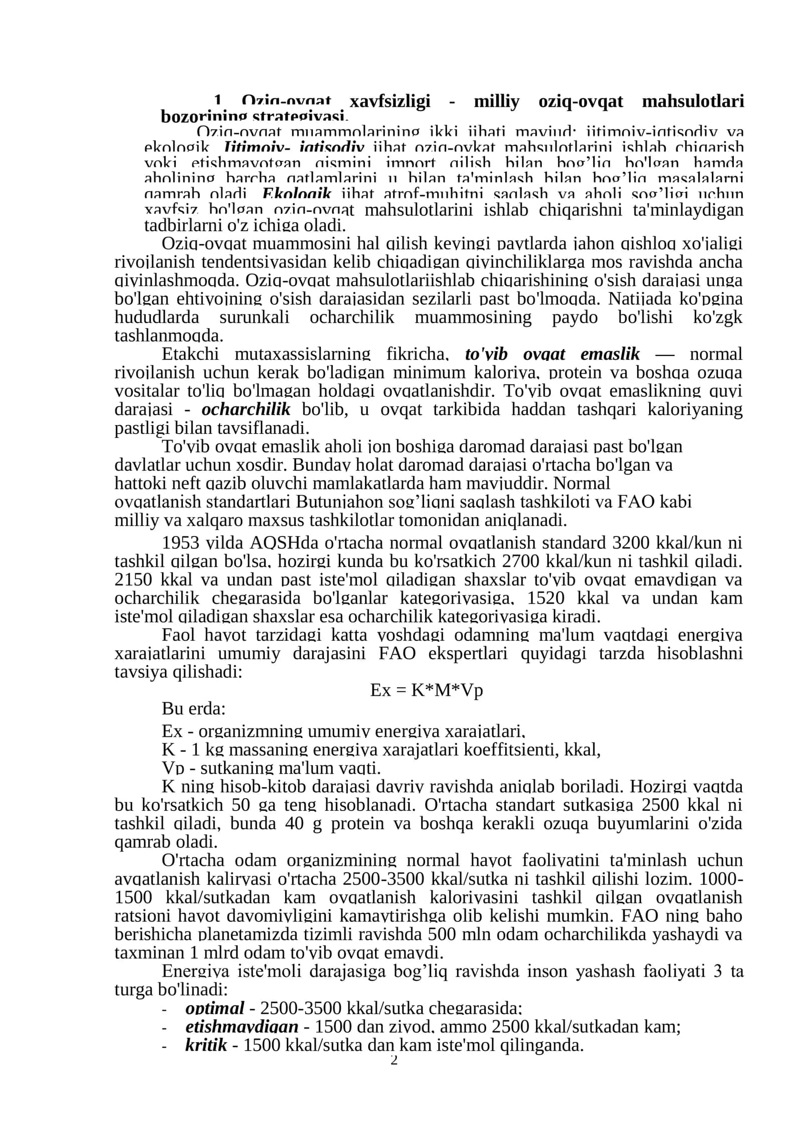 Oziq-ovqat xavfsizligi - milliy oziq-ovqat mahsulotlari bozorining strategiyasi. referat 2