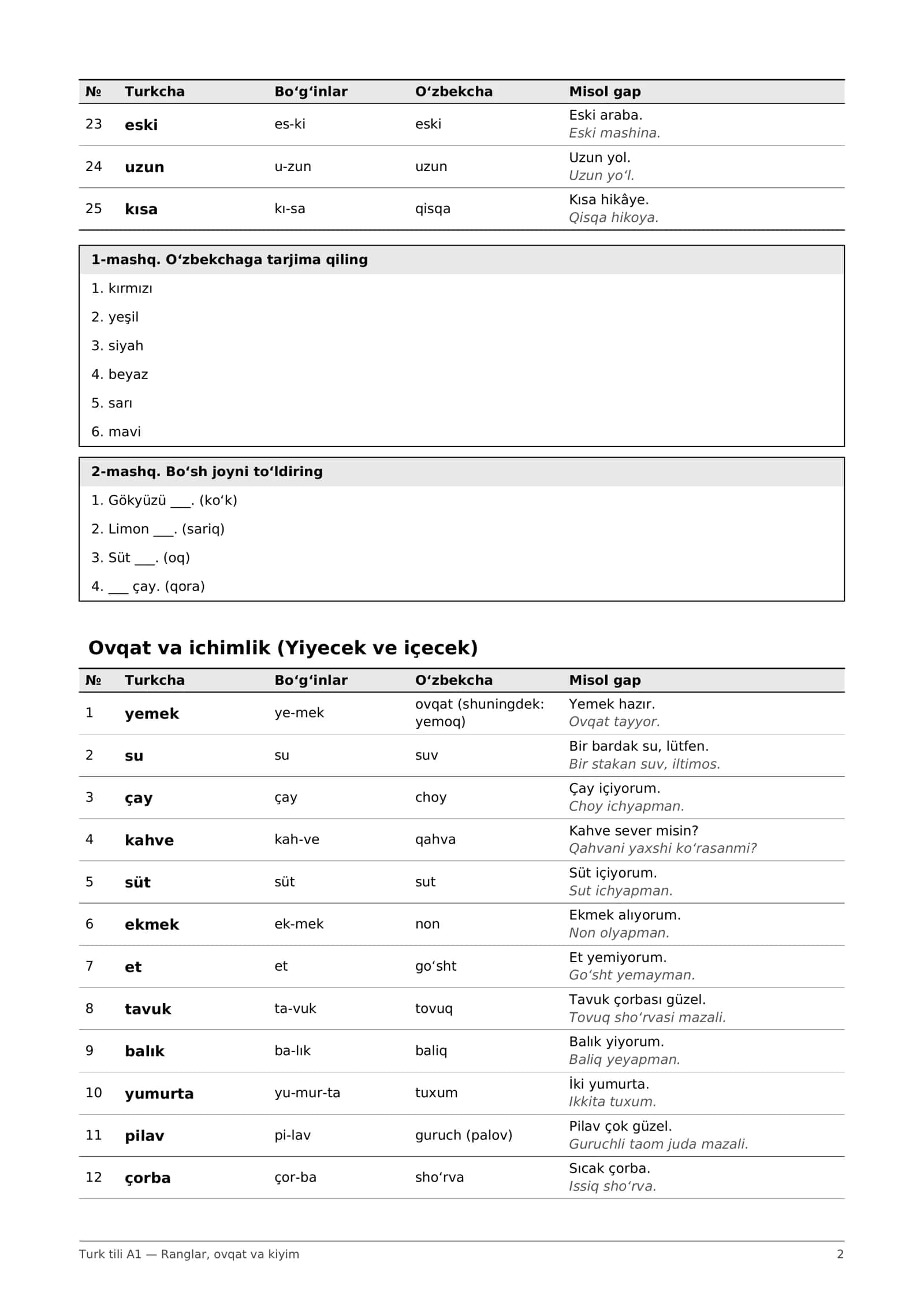 Ranglar, ovqat va kiyim: A1 mini lug'at, 75 so'z + mashqlar (PDF) 2