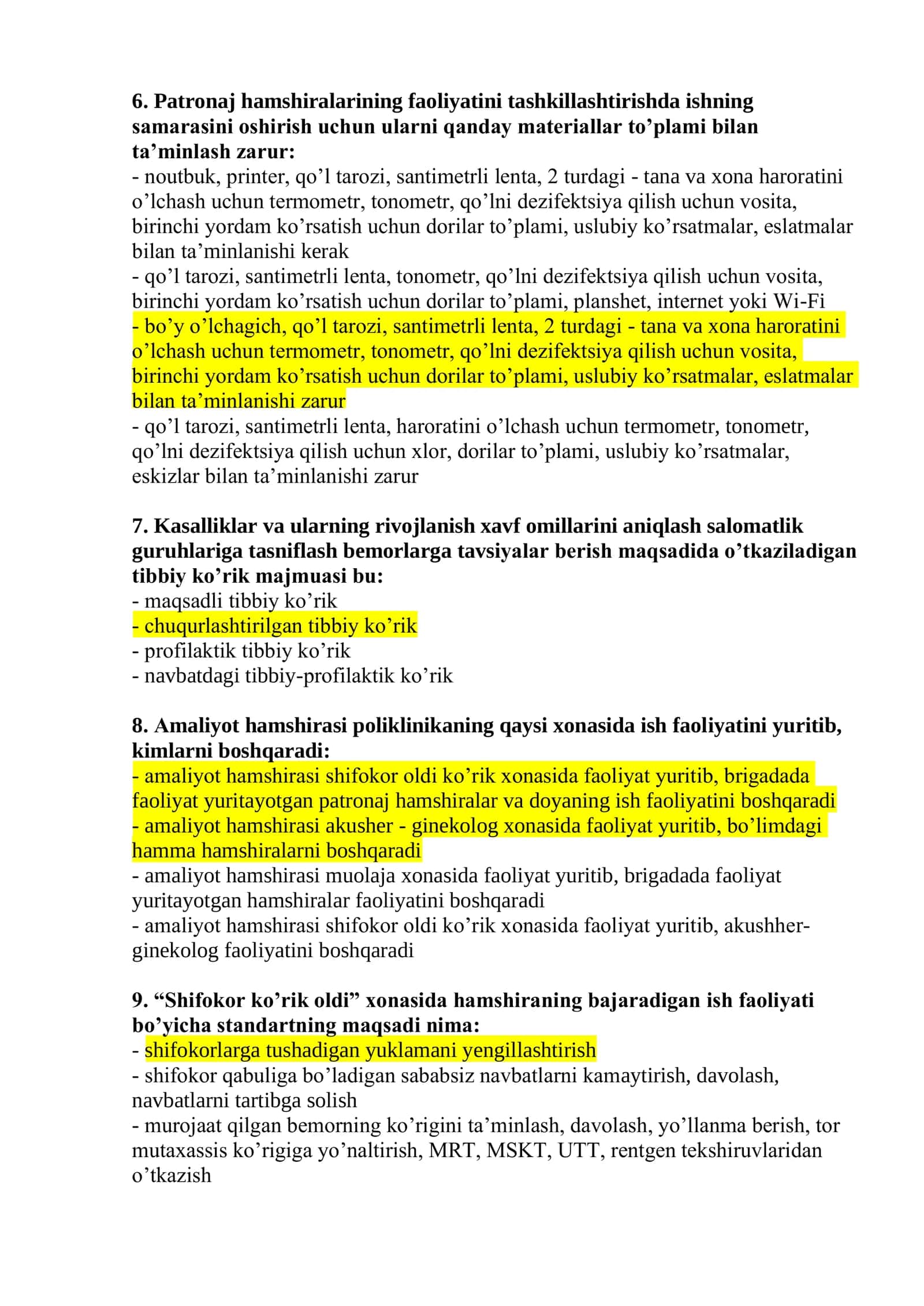 Hamshiralik ishi (patronaj hamshiralari) mutaxassisligi bo’yicha test savollari argos 2