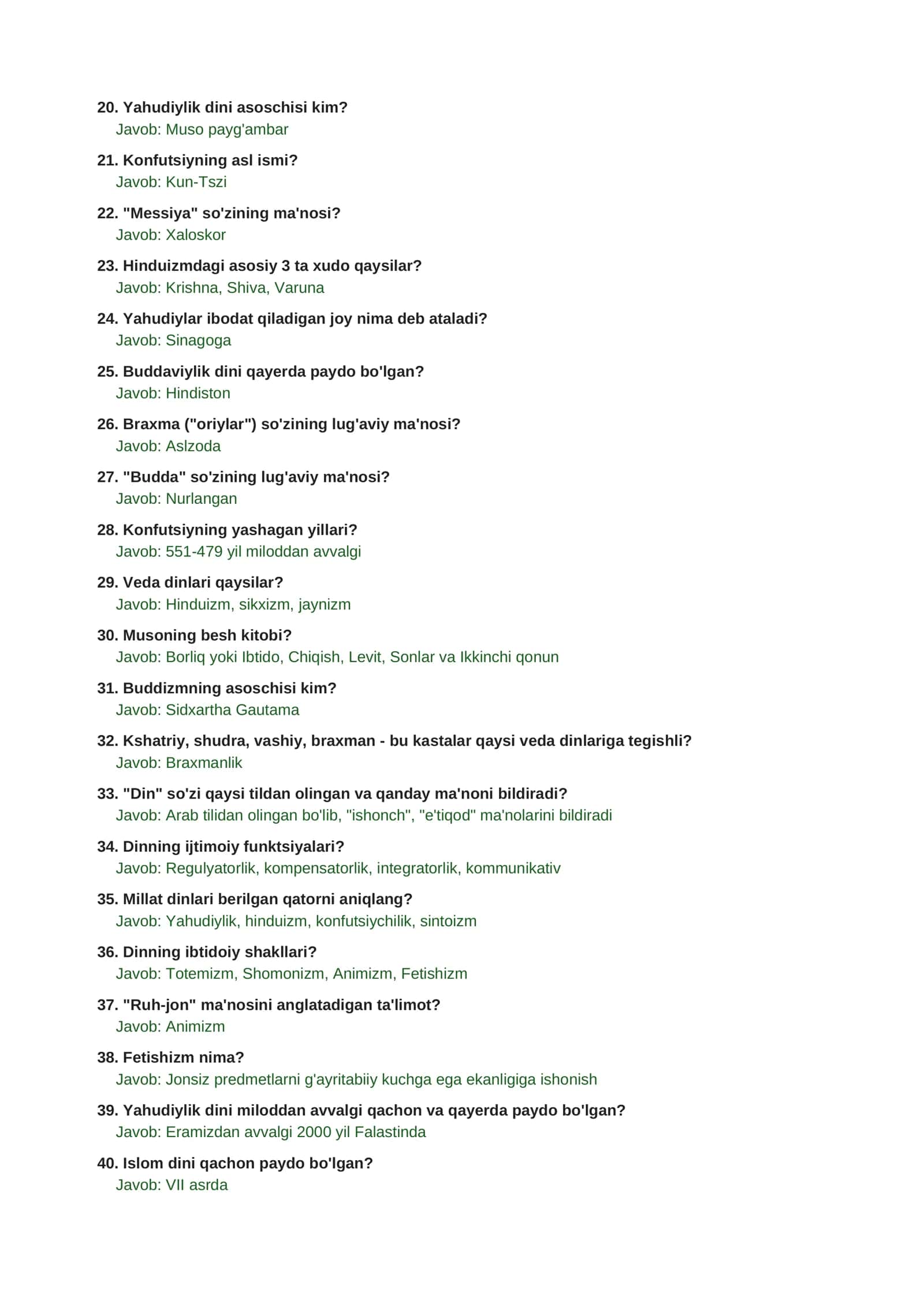 DINSHUNOSLIK - TEST JAVOBLARI 2