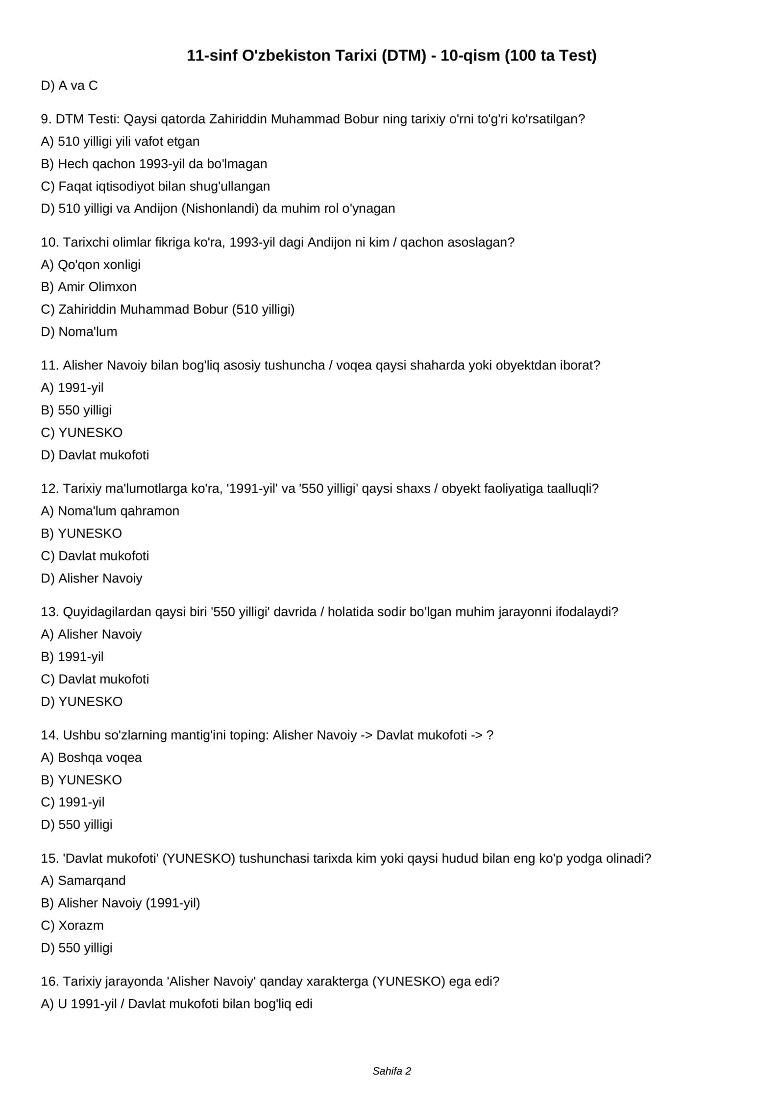 11-sinf O'zbekiston Tarixi (DTM) - 10-qism (100 ta Test) 2