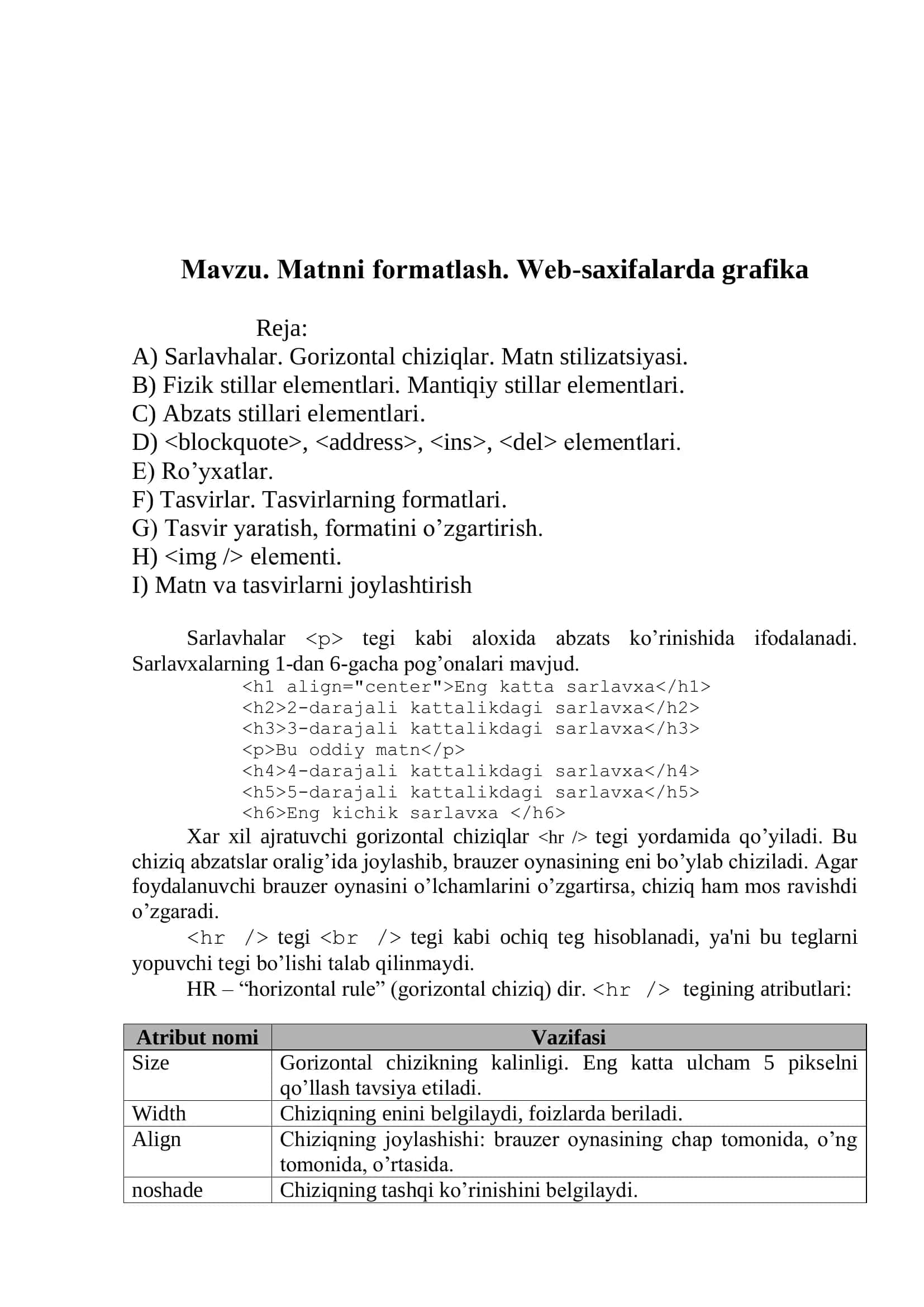 Matnni formatlash. Wеb-saxifalarda grafika 2
