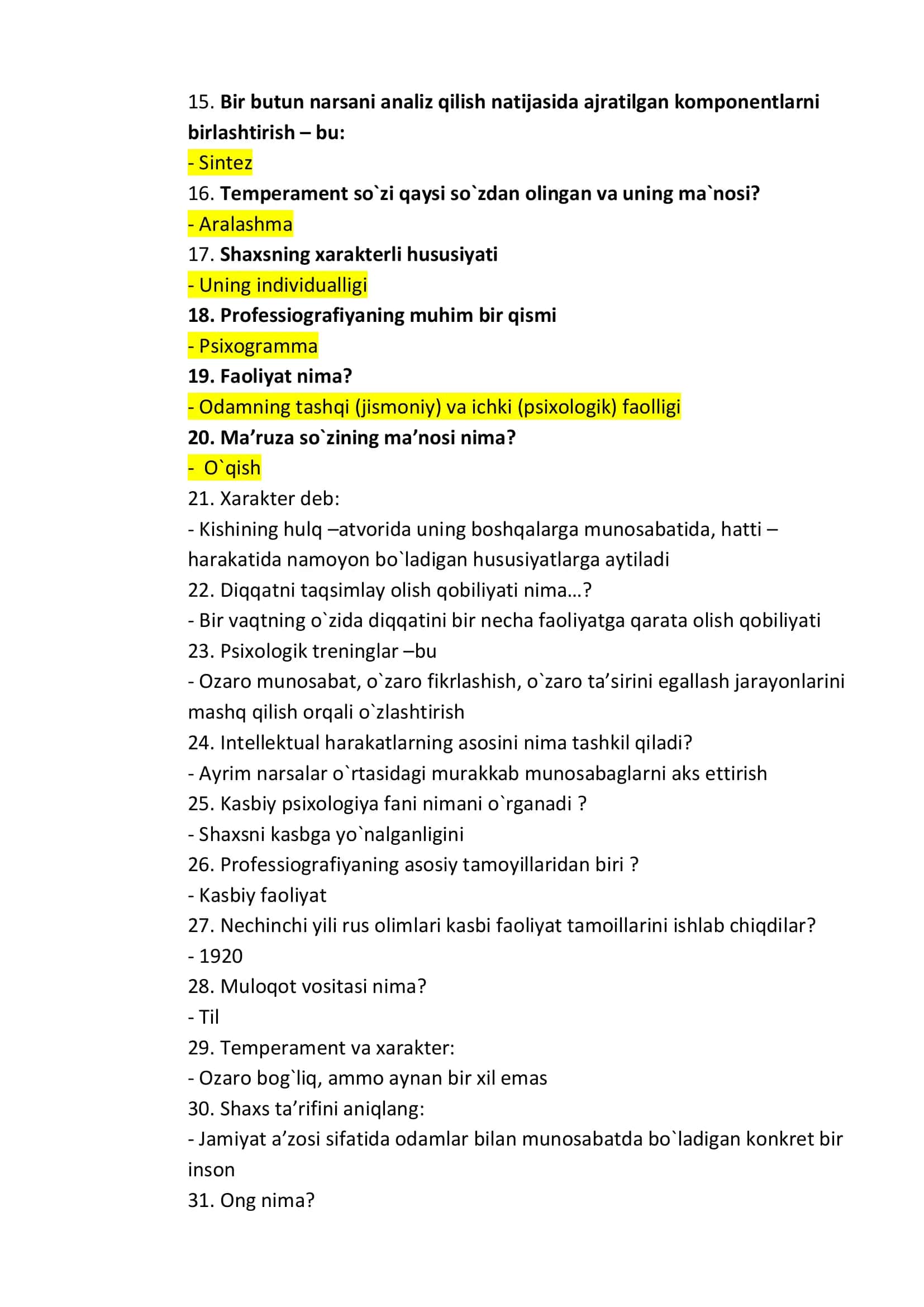 Pedagogika va psixologiya test savollari javoblari 2