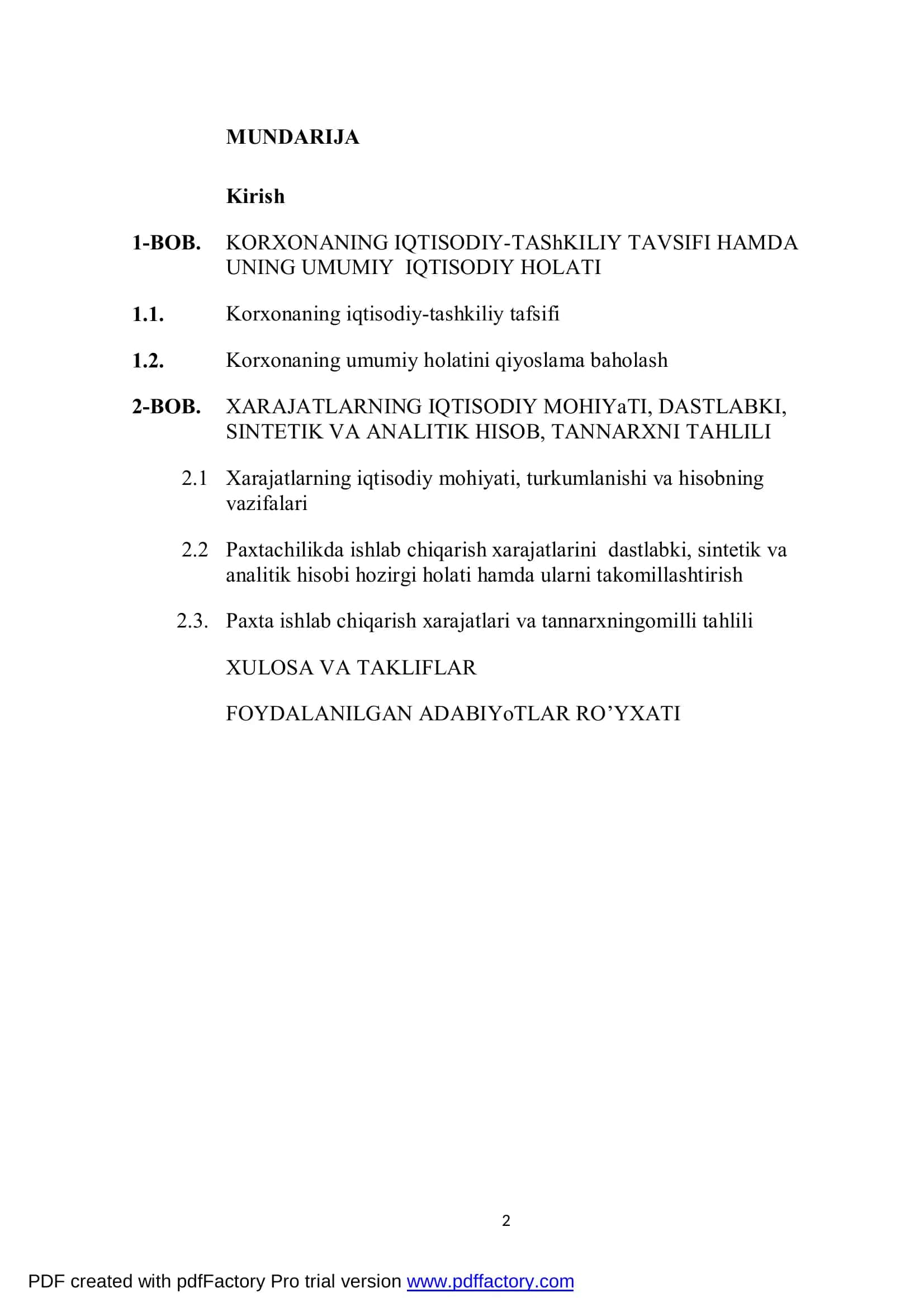 «PAXTA ISHLAB CHIQARISH XARAJATLARI HISOBI VA MAHSULOT TANNARXINING TAHLILI» 2