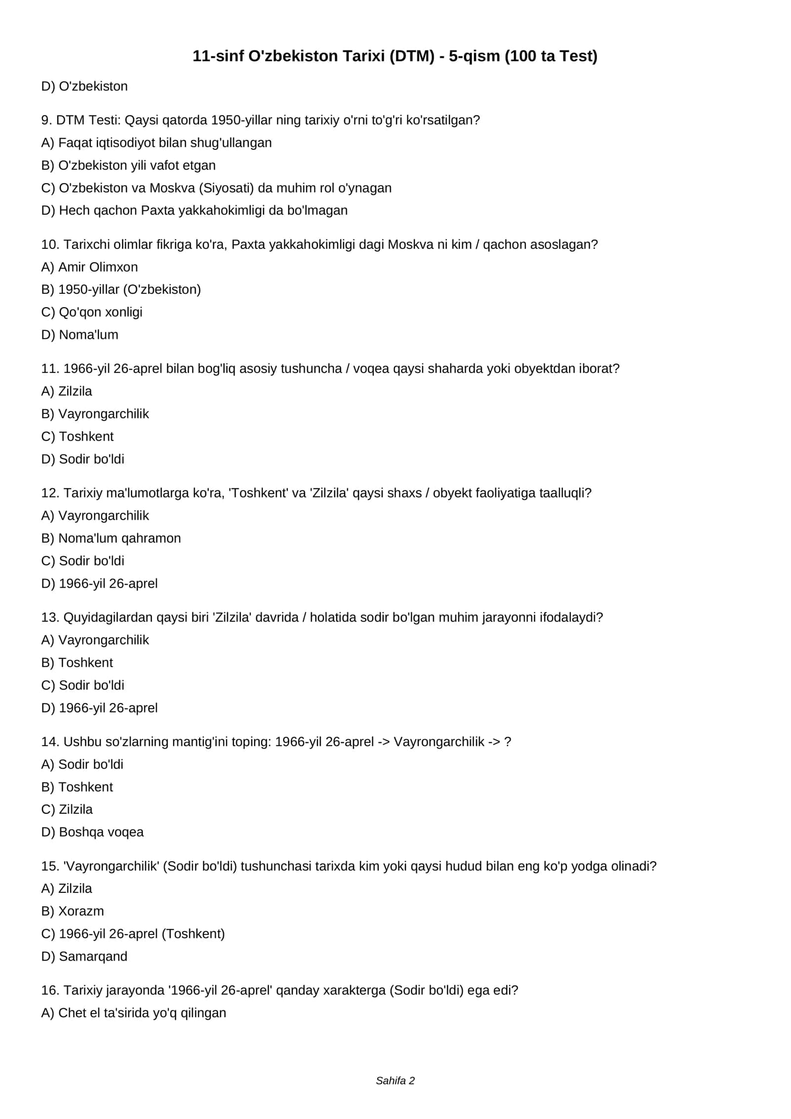 11-sinf O'zbekiston Tarixi (DTM) - 5-qism (100 ta Test) 2