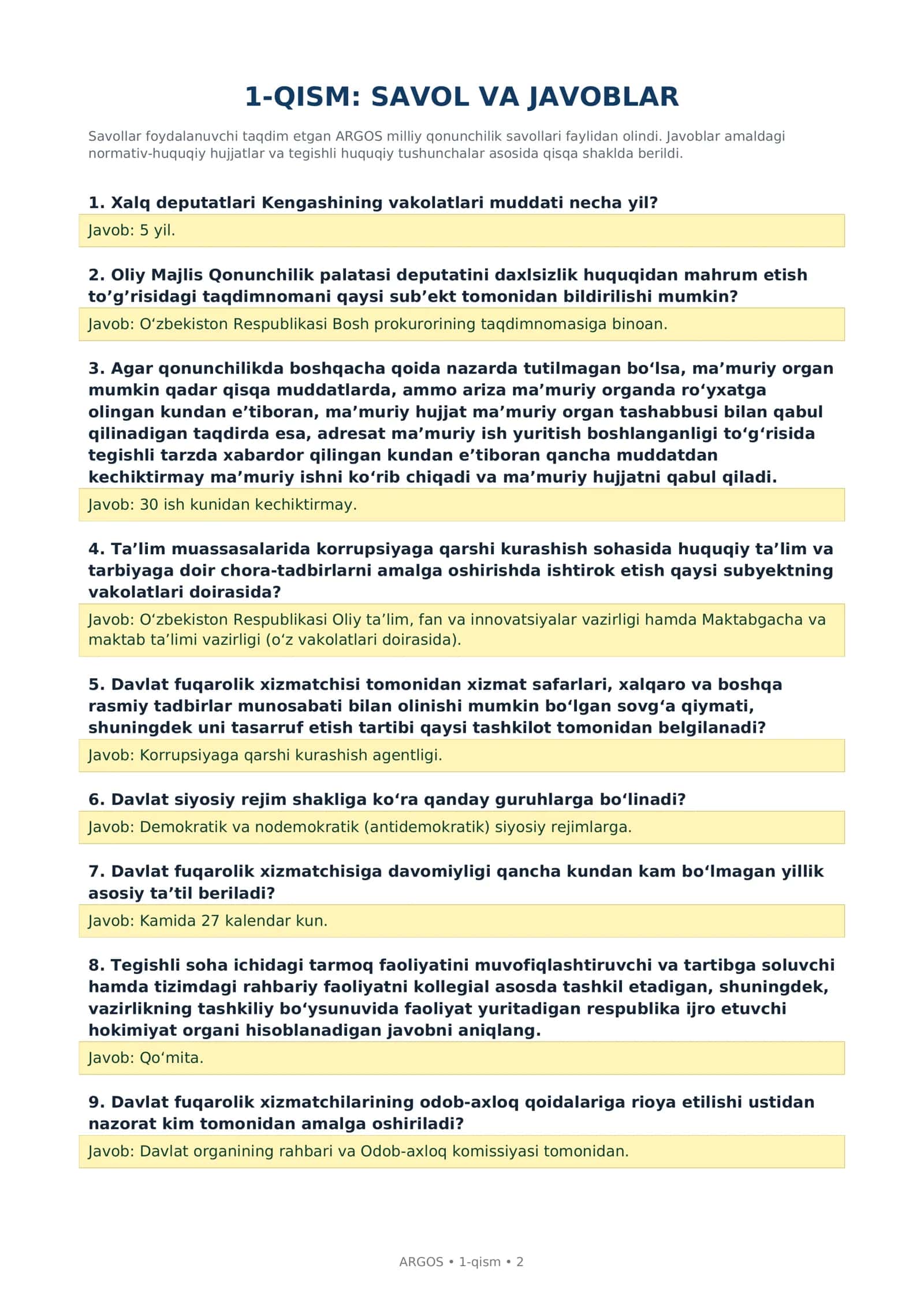 ARGOS. Milliy qonunchilik bo'yicha test savollari 2