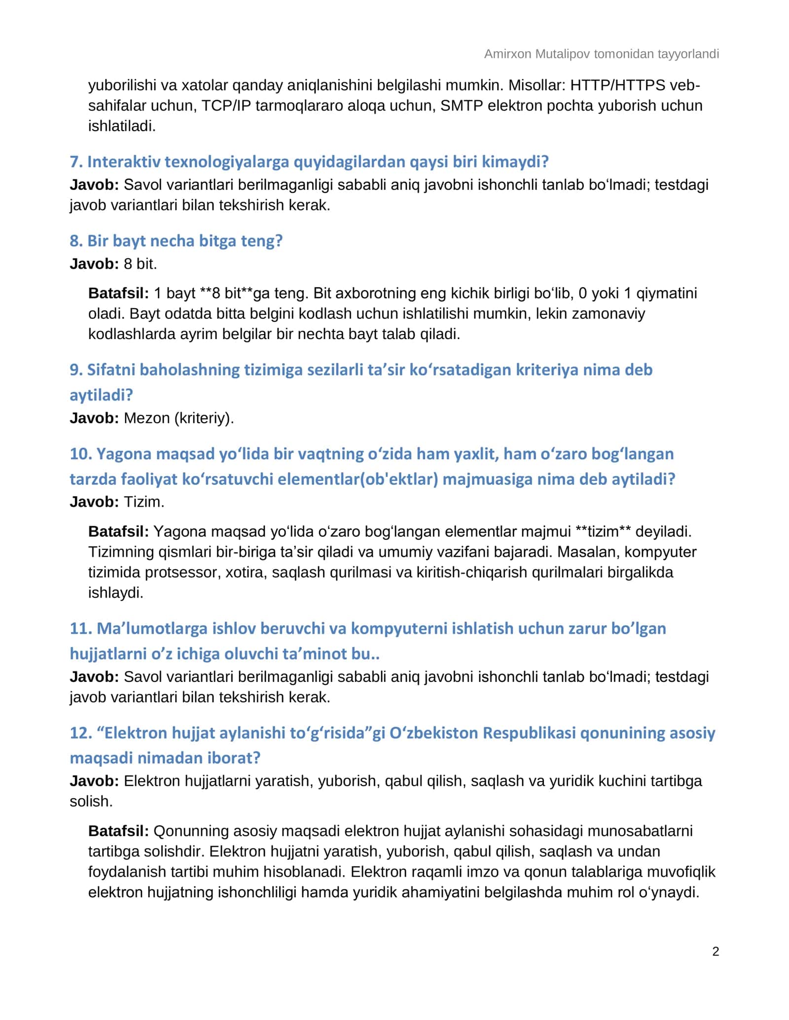 ARGOS Axborot texnologiyalari — 290 ta savol-javob | 2027 2