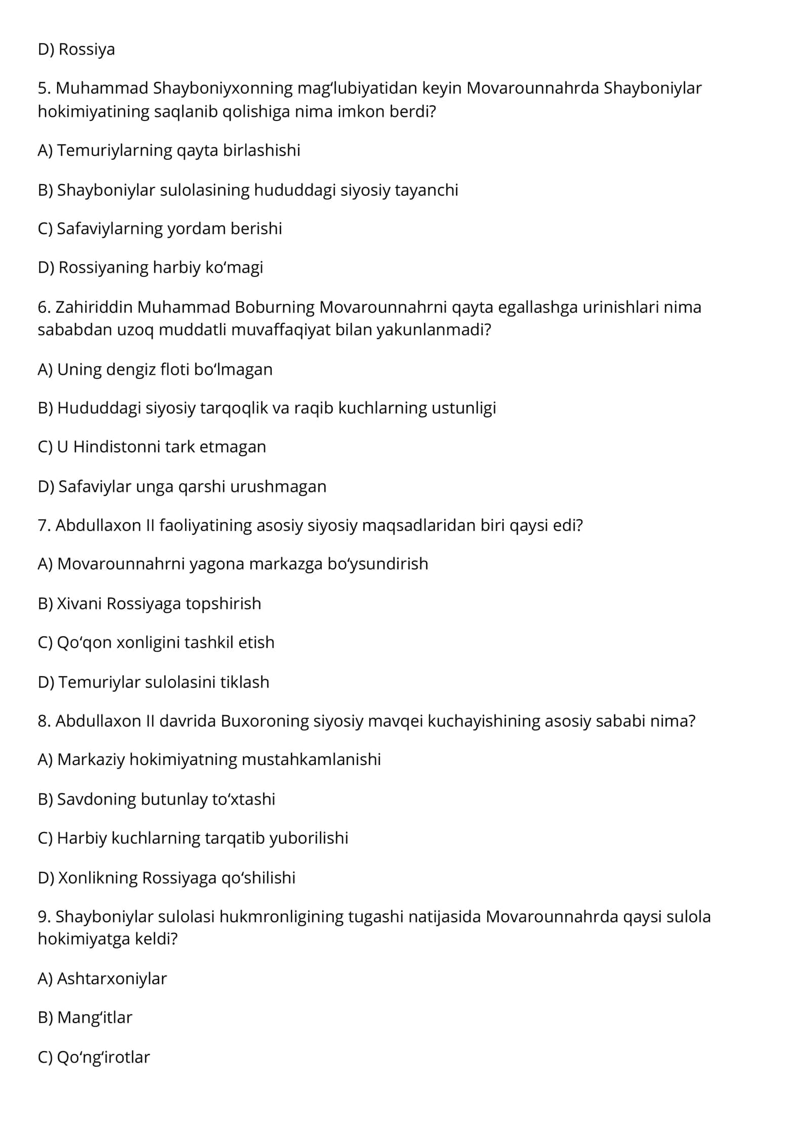 9 sinf O'zbekiston tarixi fani test to'plami 2