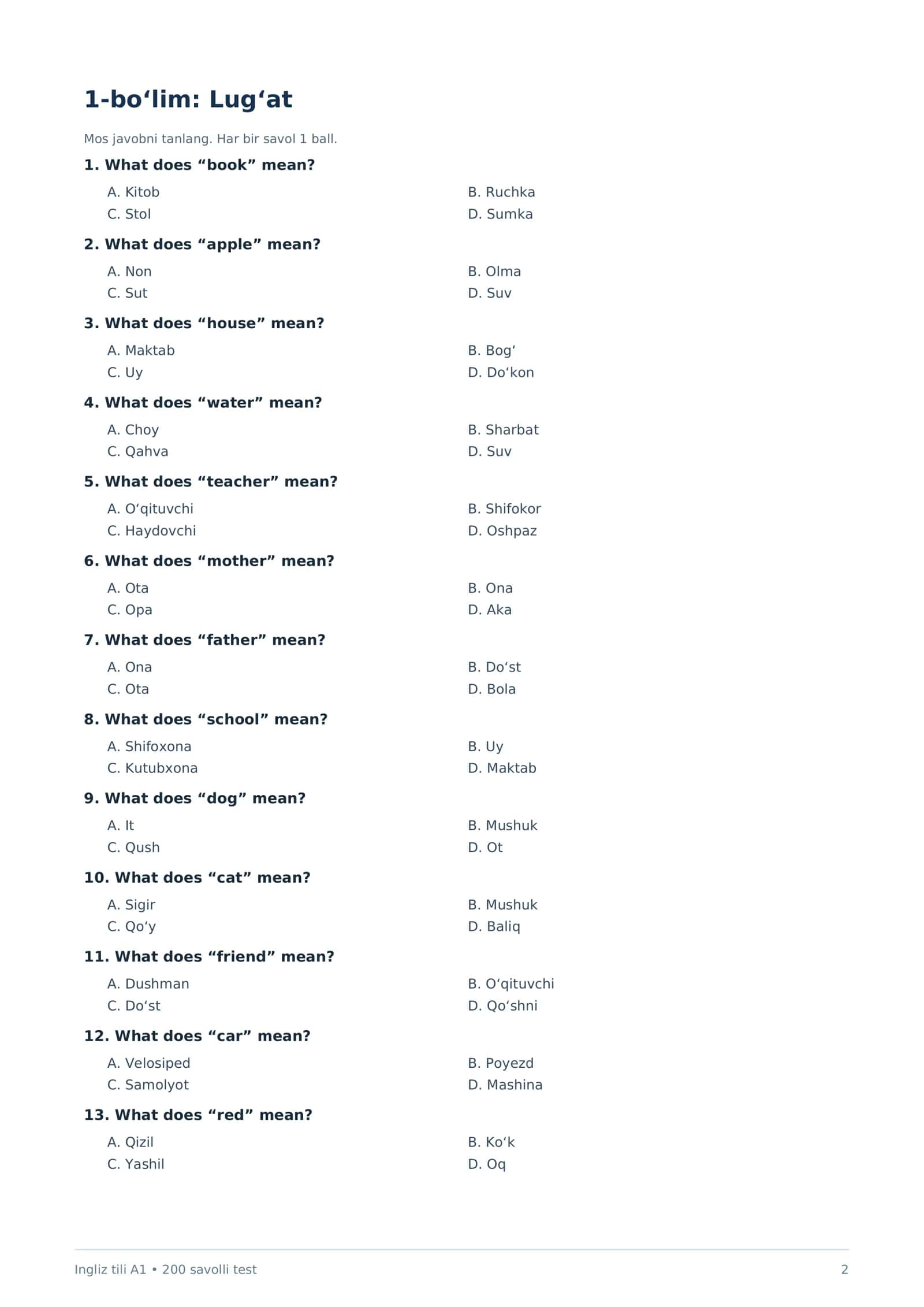 Ingliz tili — A1 daraja
200 ta test savoli • PDF format 2