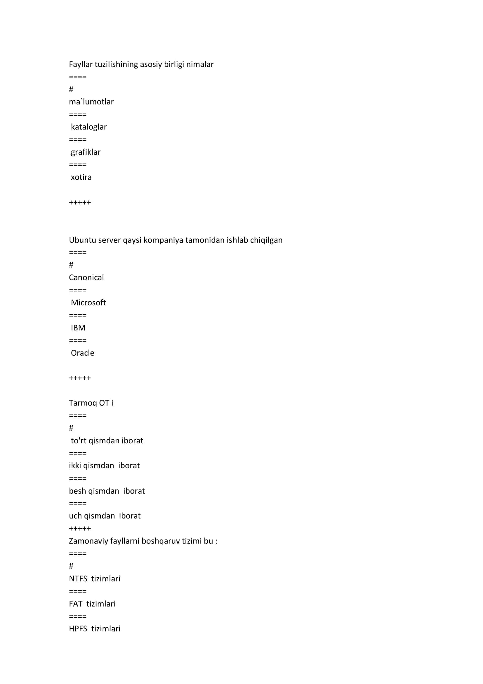 Operatsion tizimlar test savollari javoblari 2