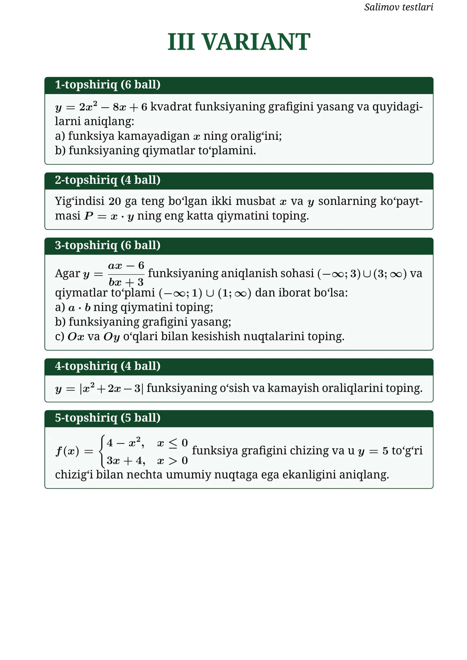 Matematika testlari 2