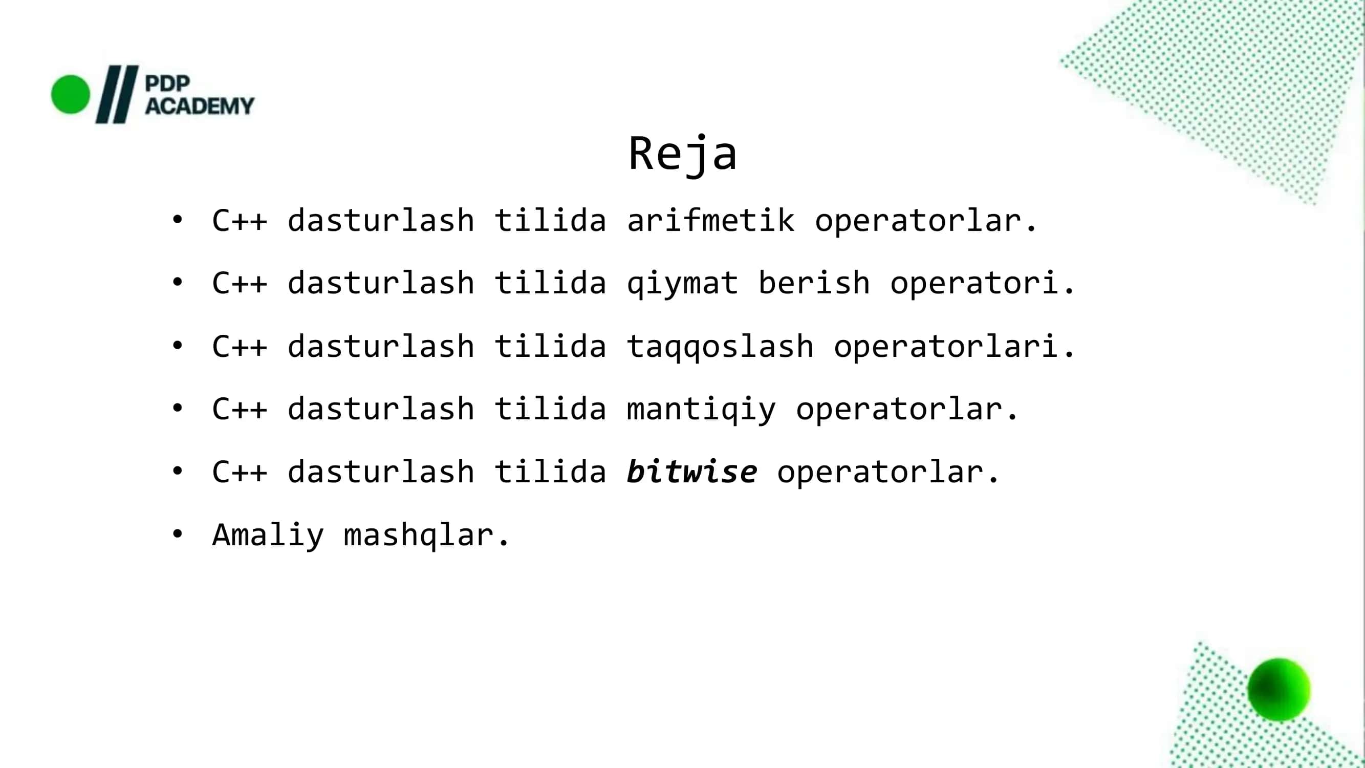 C++ DASTURLASH TILI ASOSIY OPERATORLARI 2