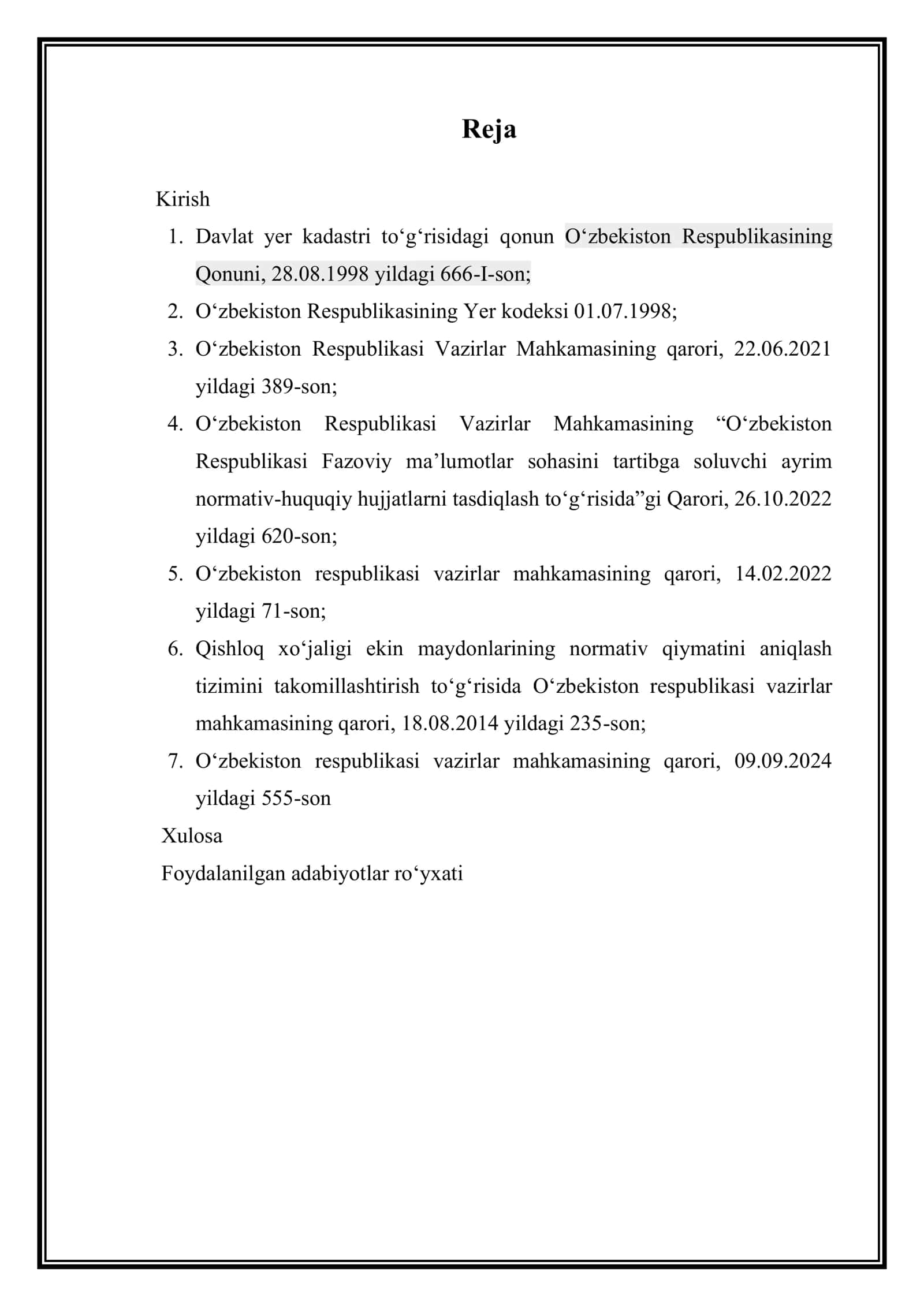 Yer kadastrini yaratish va yuritishda qo‘llaniladigan normativ-huquqiy hujjatlar bilan tanishish 2