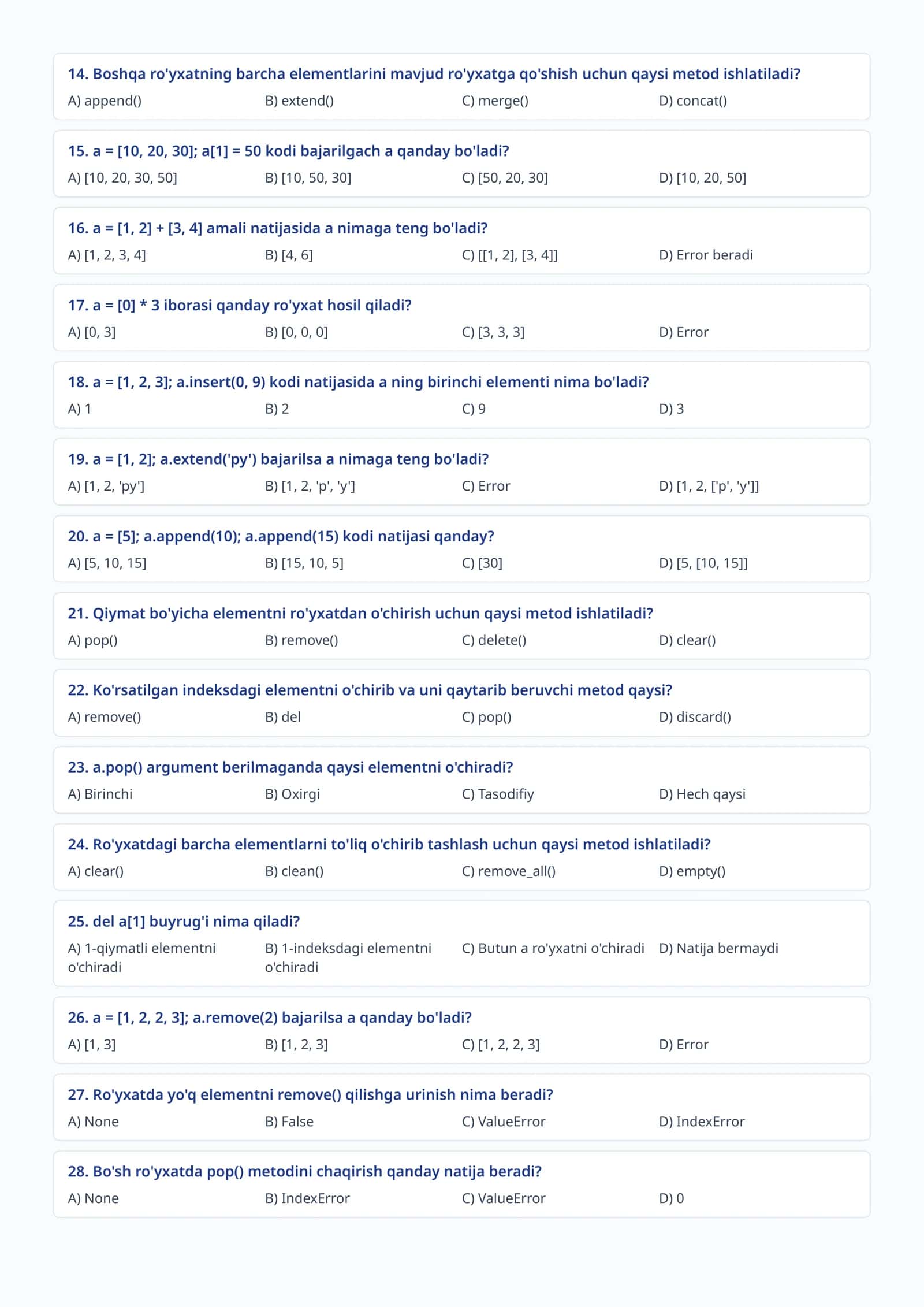 Python: List (Ro'yxat) Mavzusi bo'yicha Testlar 2