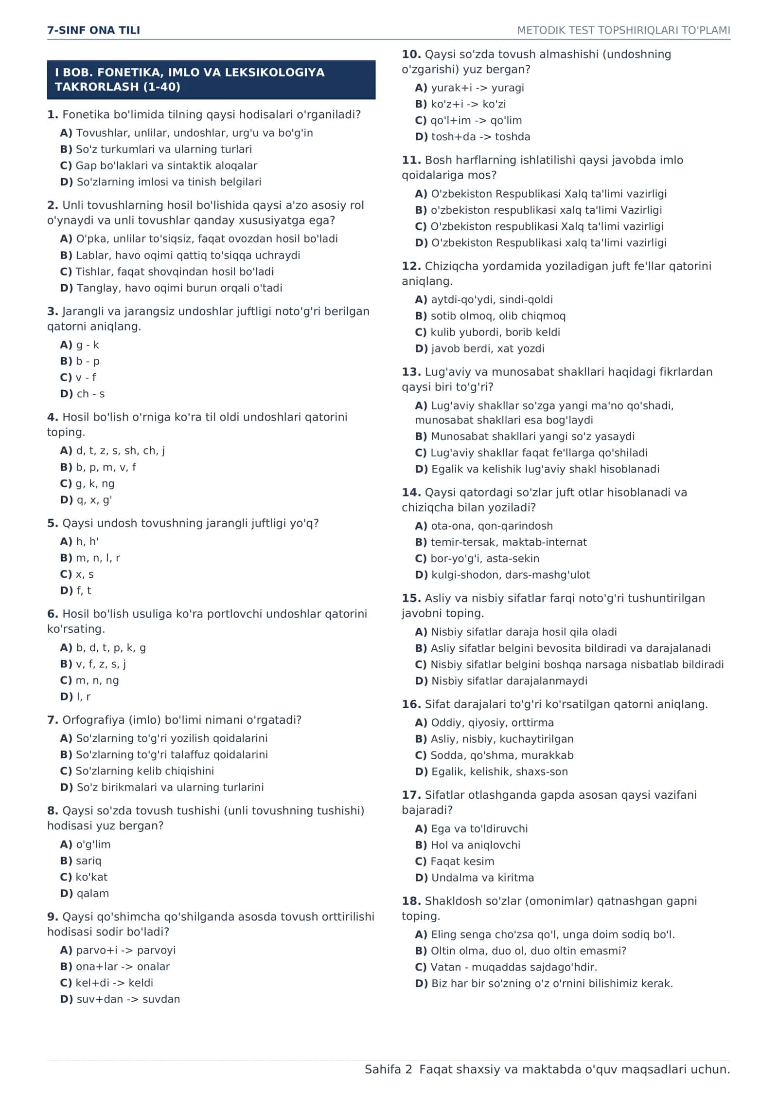 7-SINF ONA TILI | 300 TA MAVZULASHTIRILGAN TEST + JAVOBLAR KALITI | PDF 2