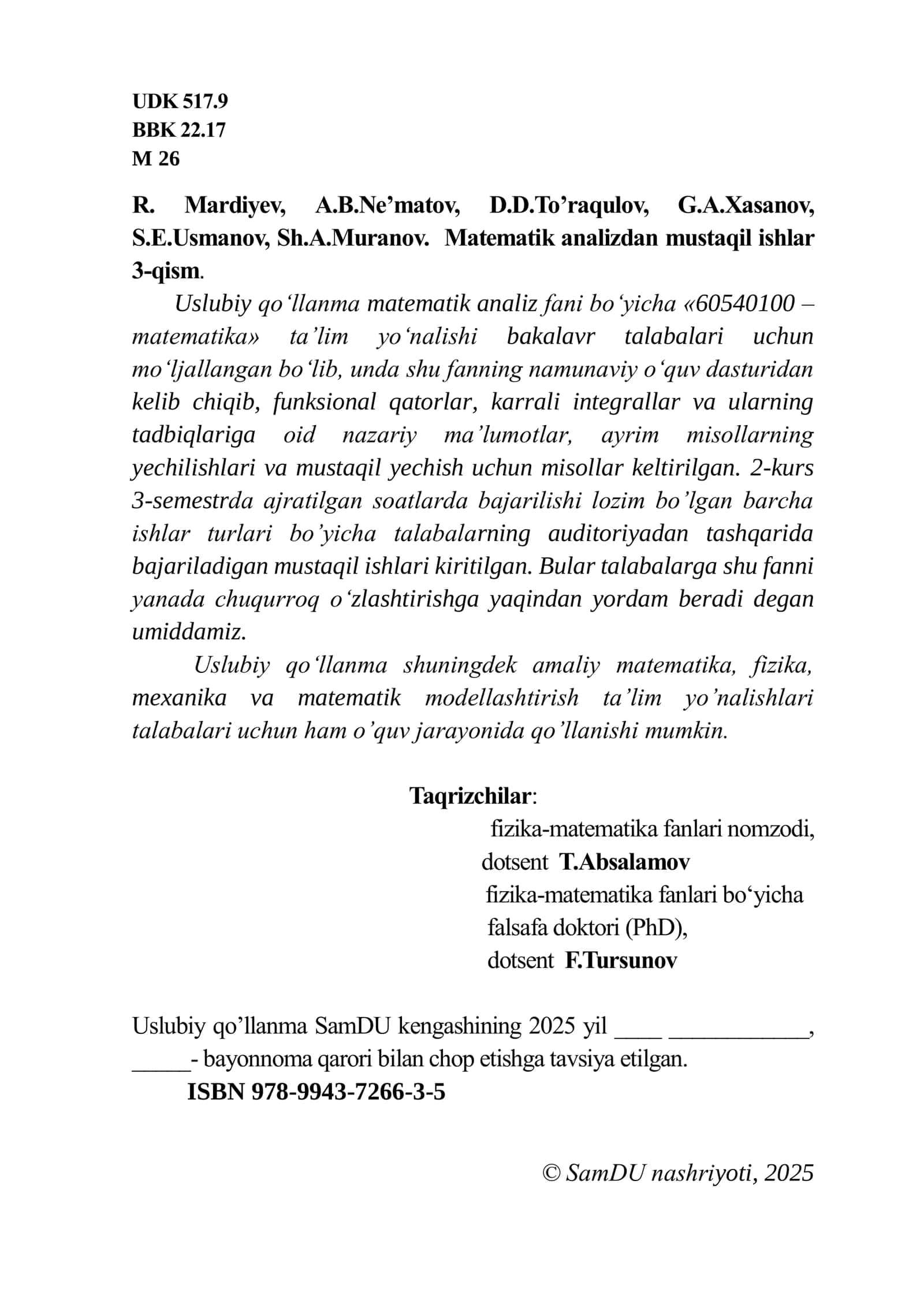 Matematik Analizdan Mustaqil Ishlar 2