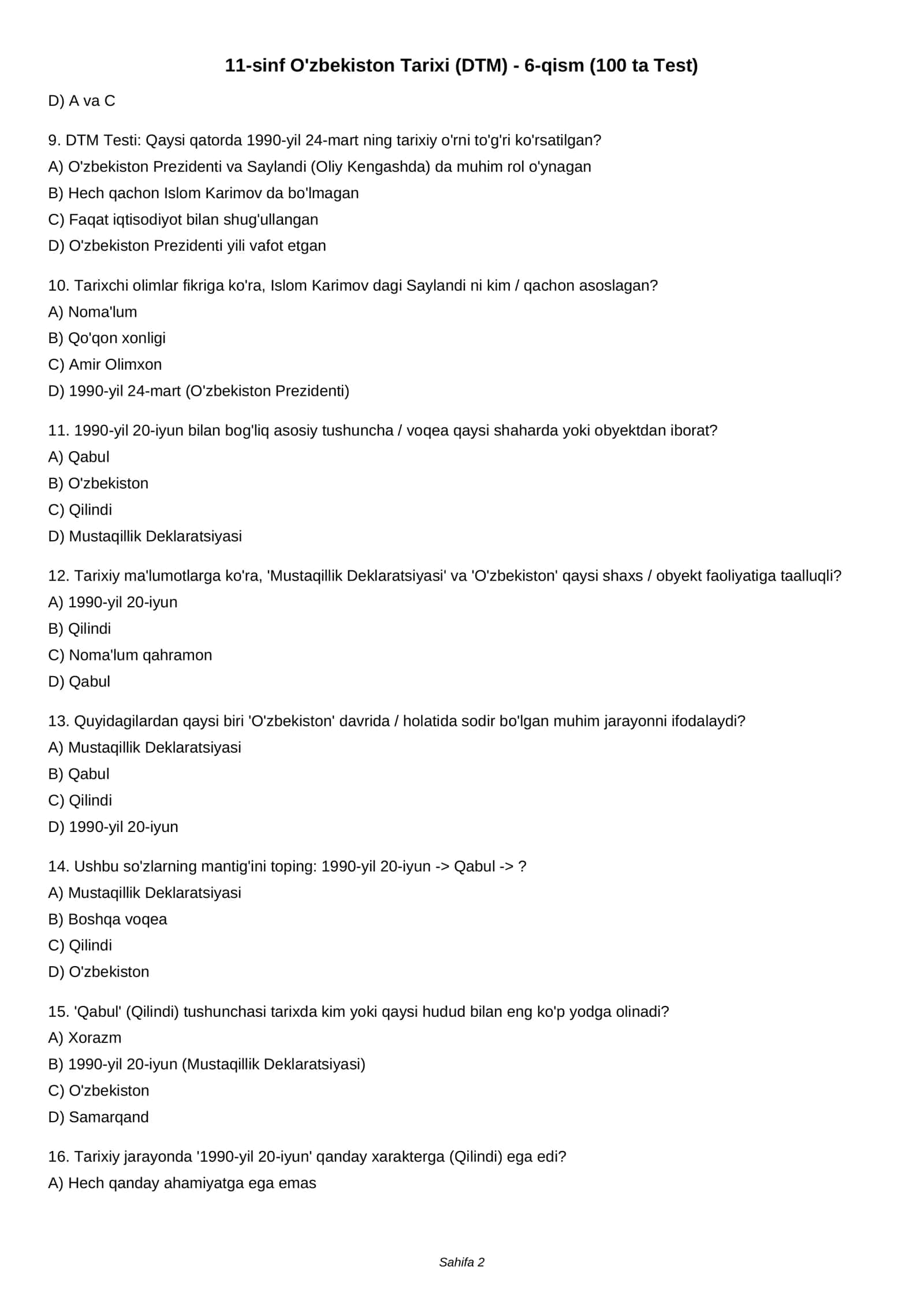 11-sinf O'zbekiston Tarixi (DTM) - 6-qism (100 ta Test) 2