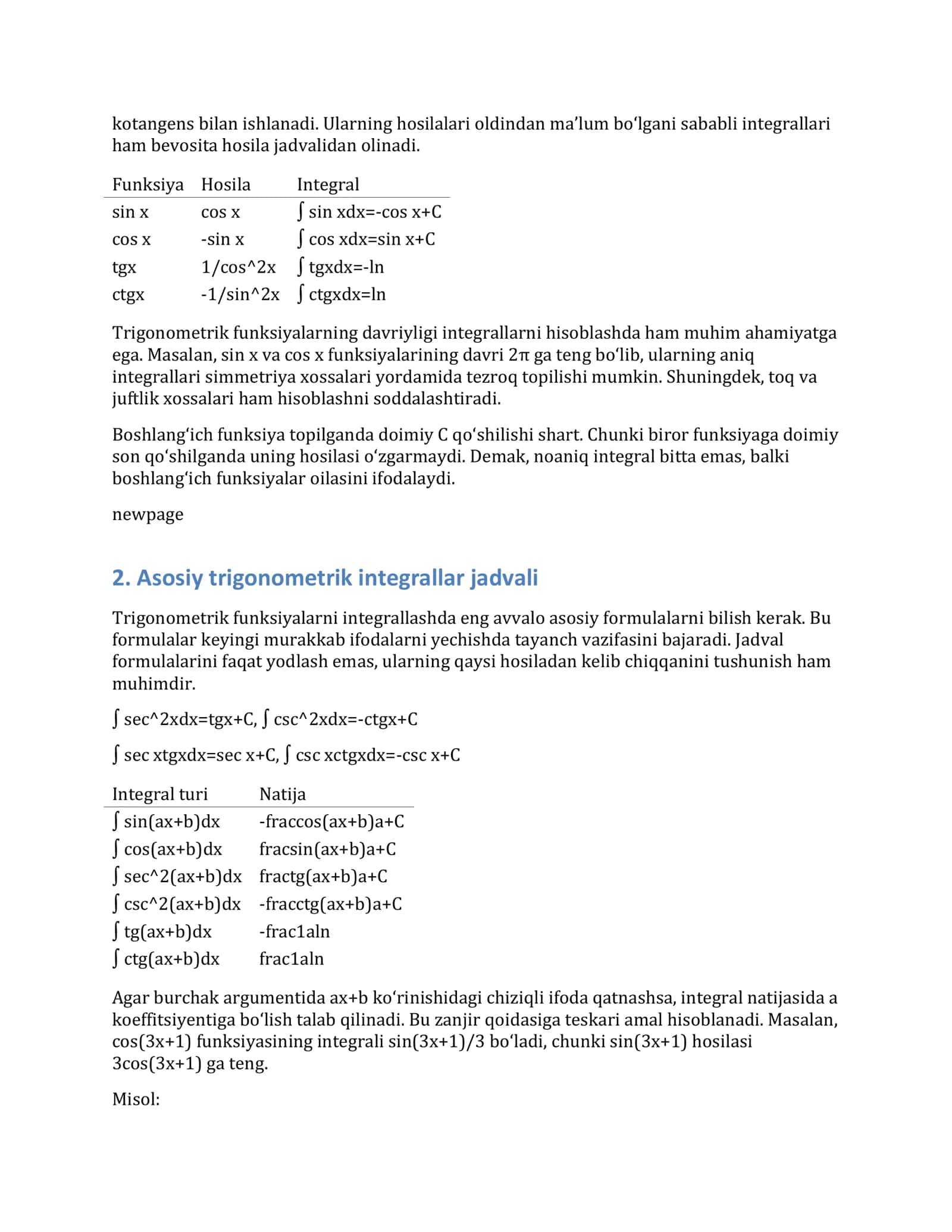 TRIGONOMETRIK FUNKSIYALARNI INTEGRALLASH 2