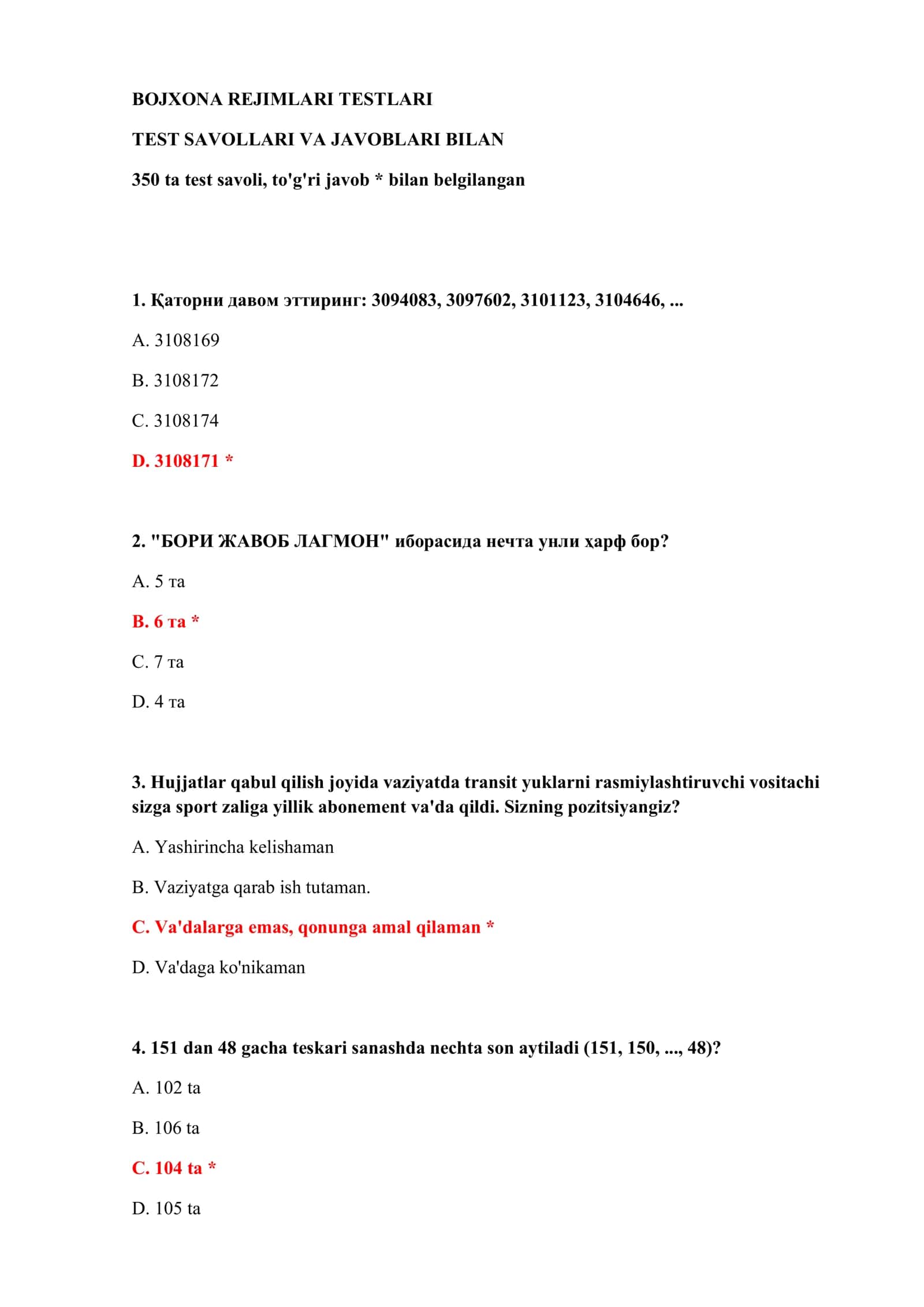 BOJXONA REJIMLARI TESTLARI 2