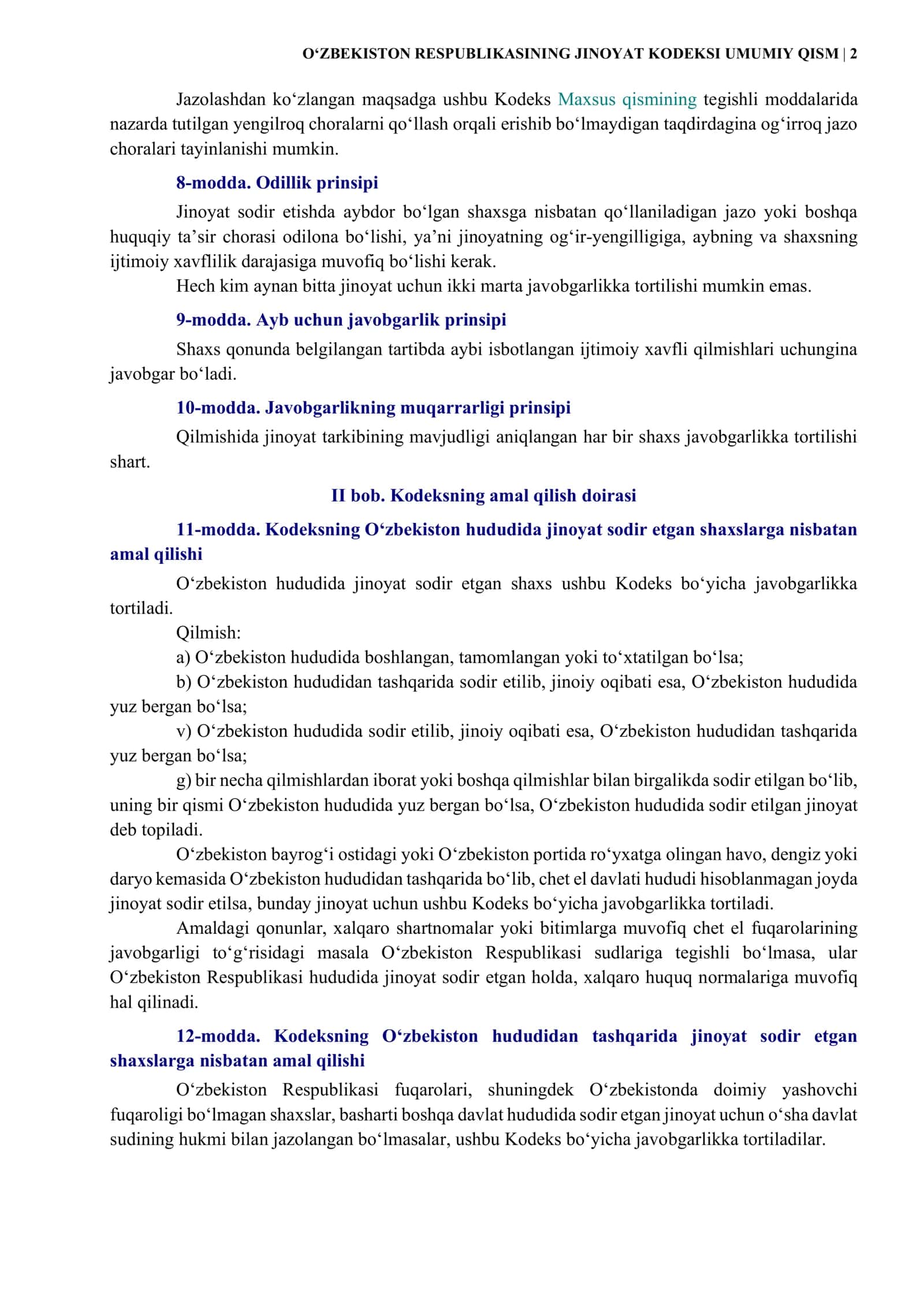 O‘ZBEKISTON RESPUBLIKASINING JINOYAT KODEKSI UMUMIY QISM 2