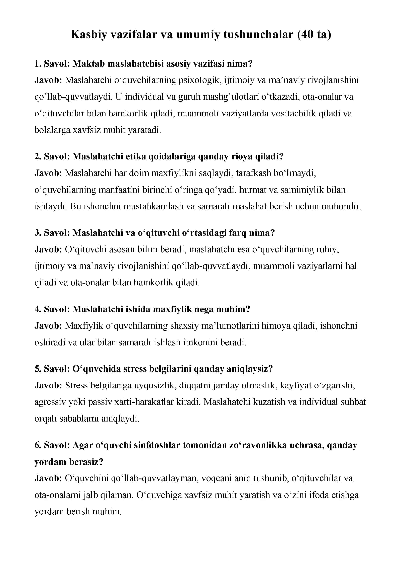 Maktab maslahatchilari uchun suhbat savol javoblari to'plami 2