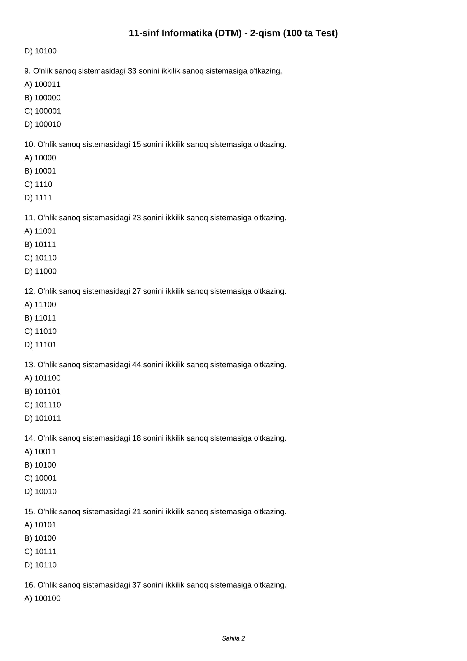 11-sinf Informatika (DTM) - 2-qism (100 ta Test) 2