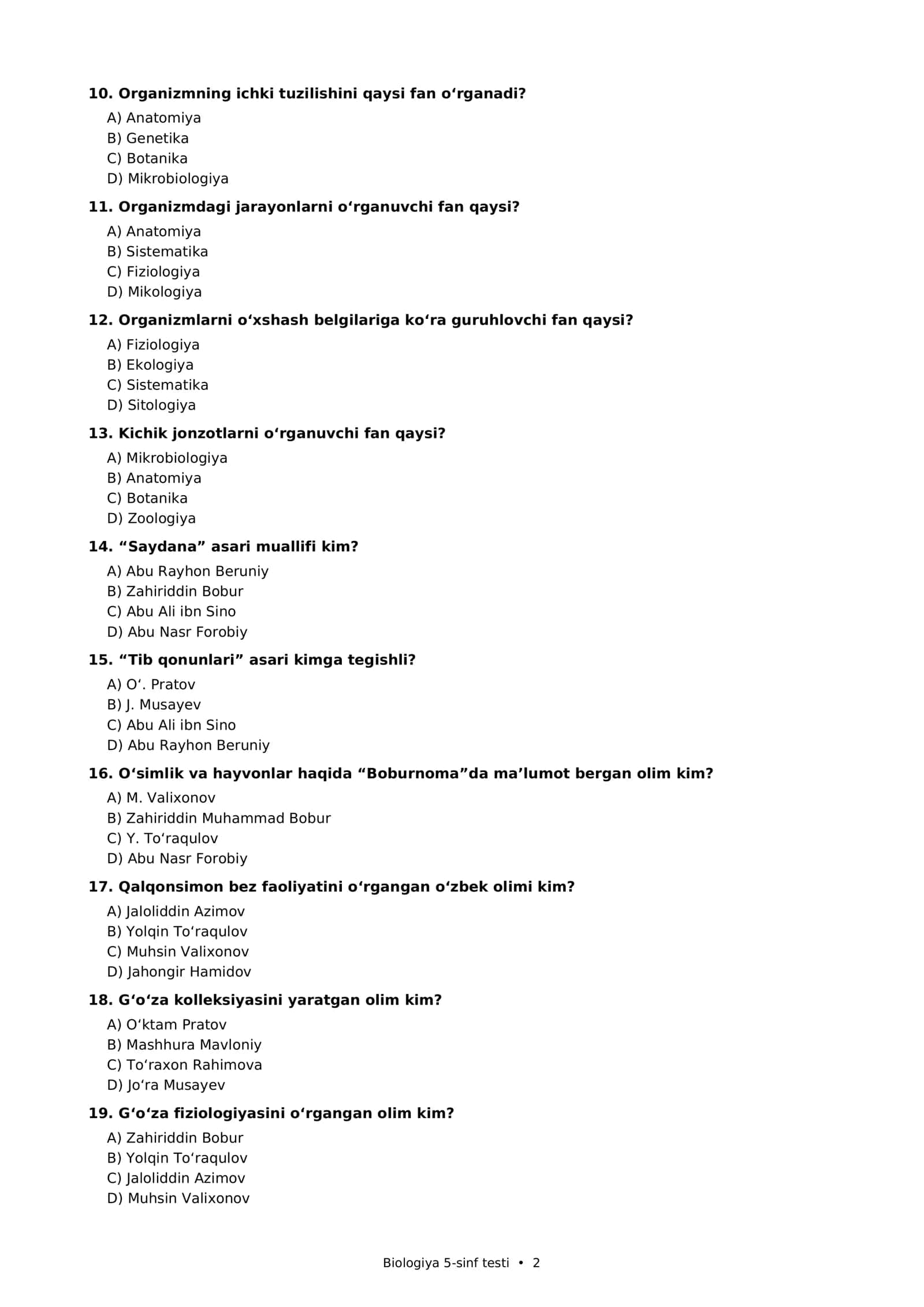 Biologiya 5-sinf testi • 1 2