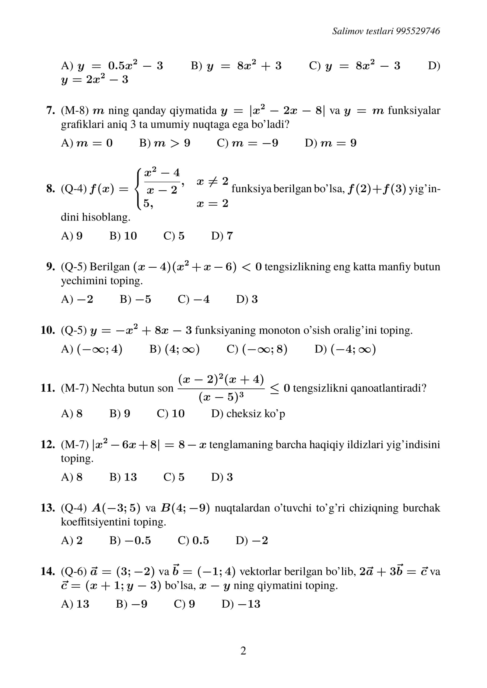8-sinf matematika (Murakkablashtirilgan testlar) 2
